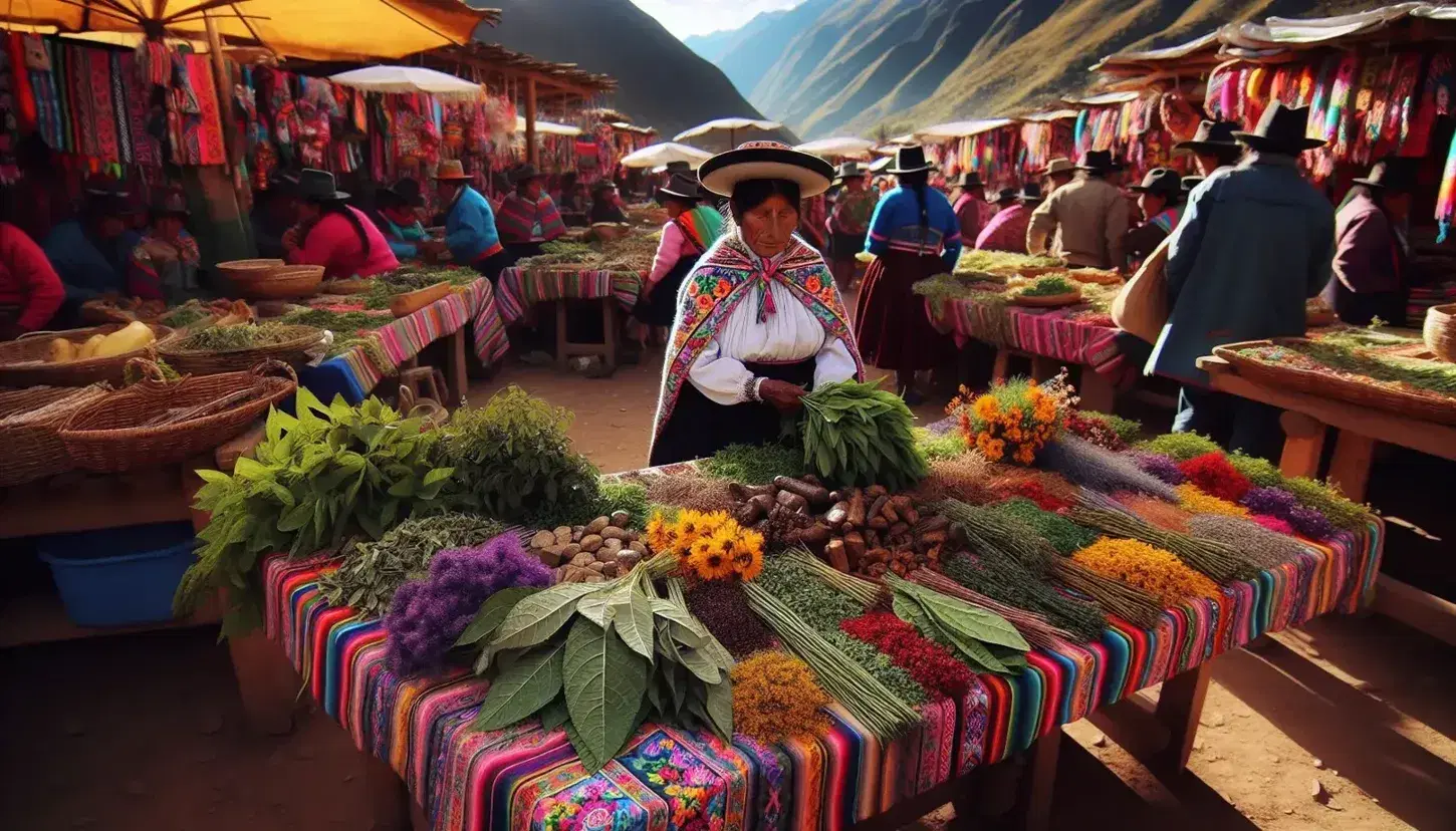 Mercado tradicional en la Sierra peruana con mujer en atuendo típico vendiendo plantas medicinales andinas sobre mesa colorida, rodeada de compradores y montañas al fondo.