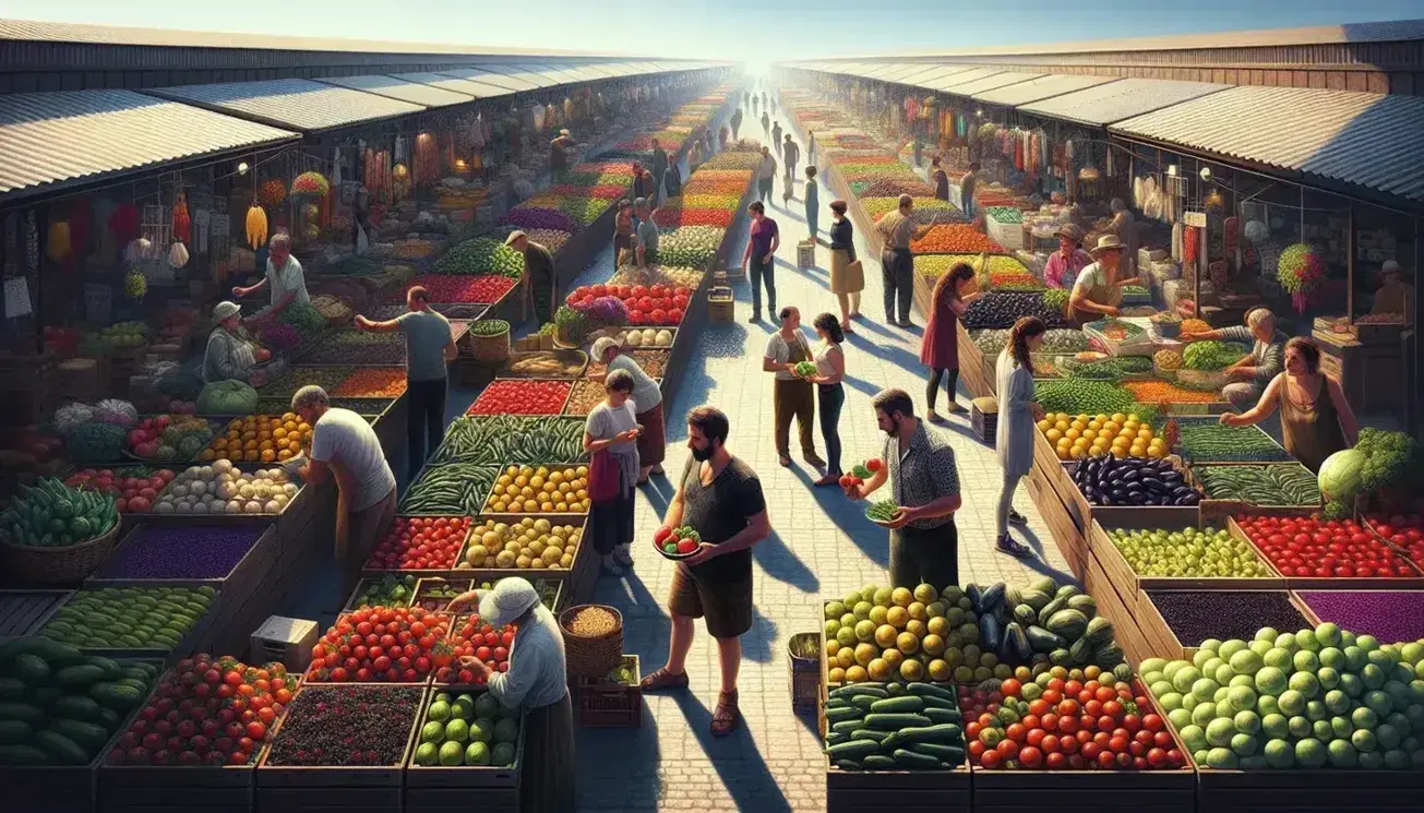 Bustling outdoor market with colorful produce on wooden stalls, vendors interacting with diverse customers, and crafts in the sunny background.