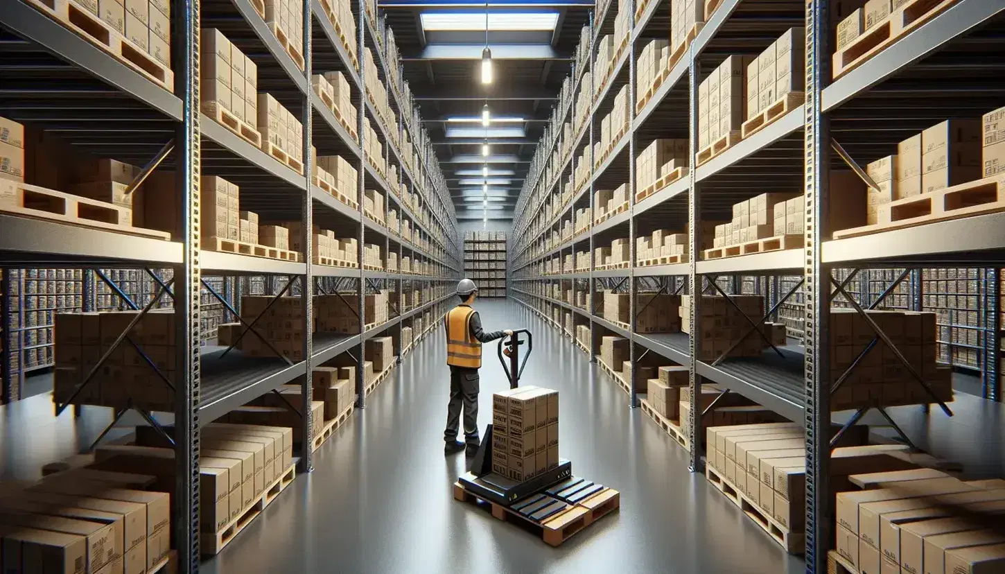Warehouse interior with organized shelves filled with unmarked boxes, a worker in a high-visibility vest operates a pallet jack.