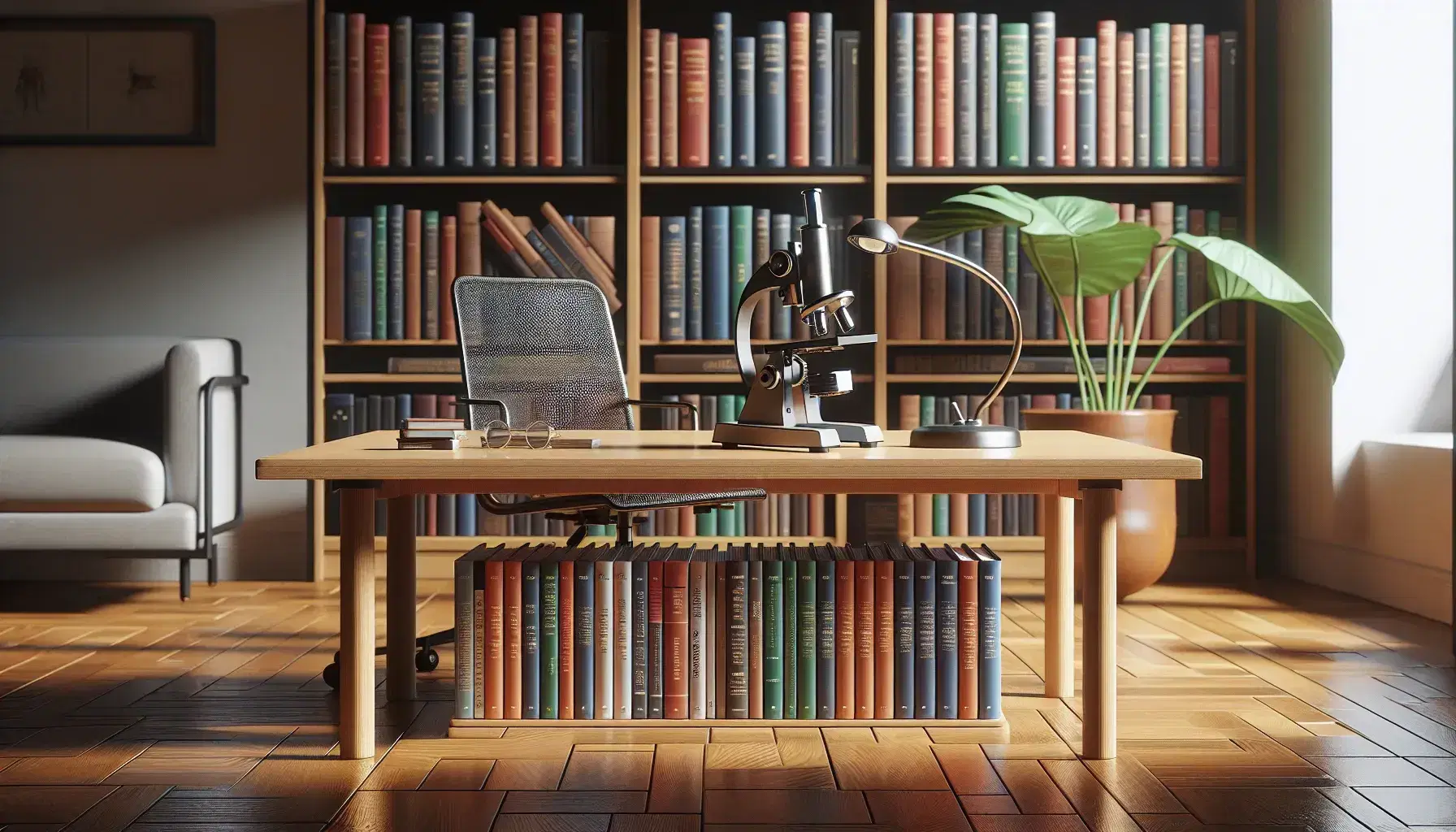 Mesa de madera con revistas científicas y microscopio metálico, silla de oficina ergonómica y planta verde en estudio con estanterías de libros desenfocadas.