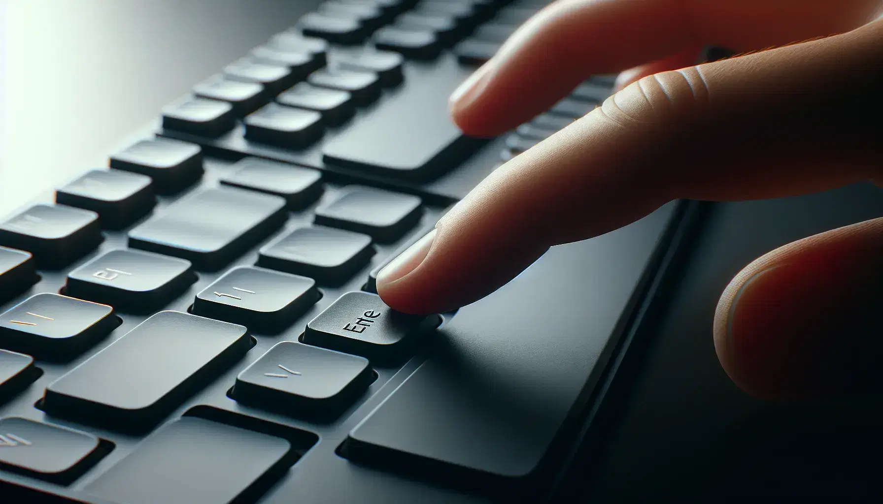 Close-up of a modern computer keyboard with "Enter" key pressed by an index finger, black keys on a matte background, QWERTY layout.