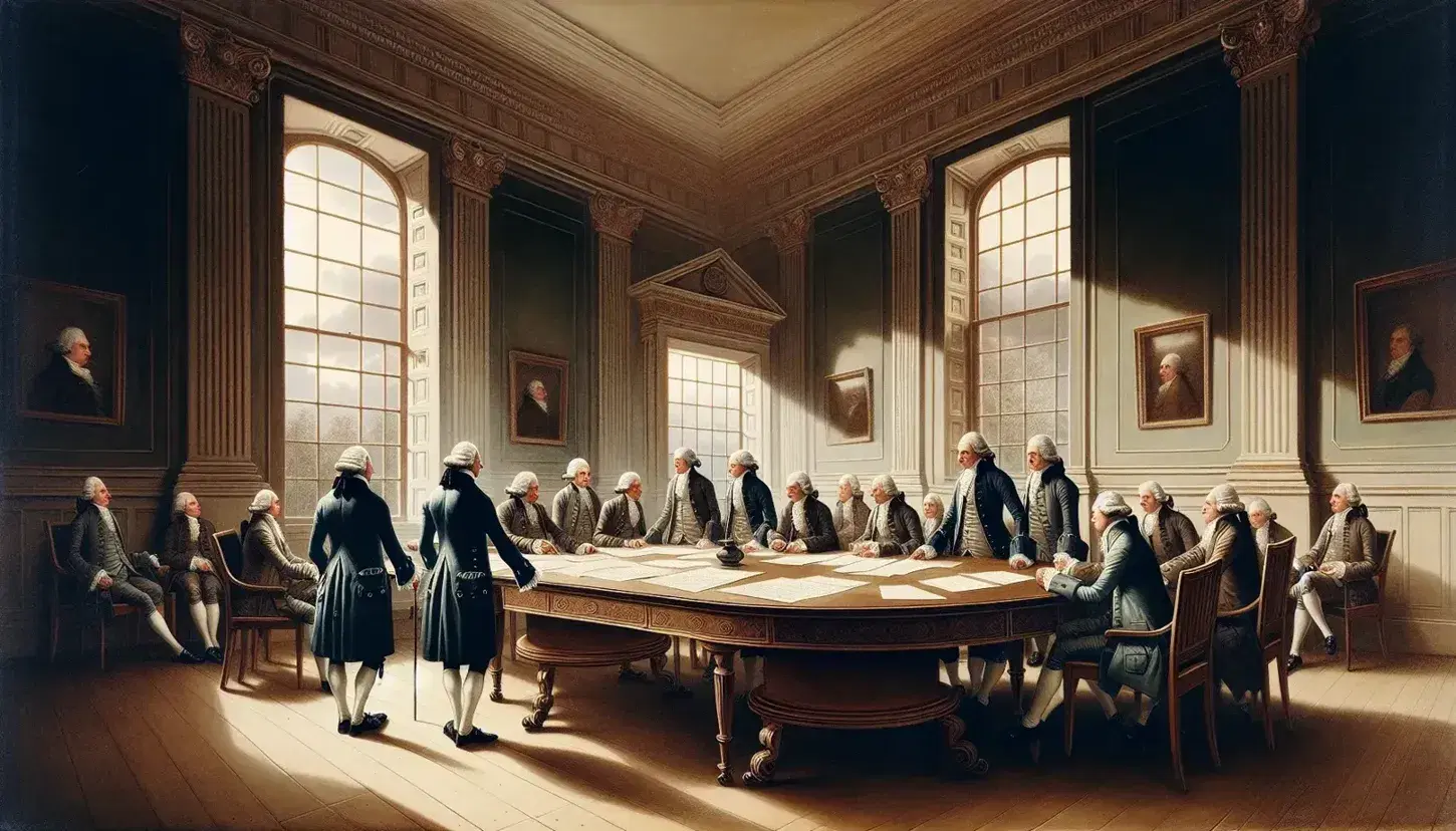 Late 18th-century grand room with high ceilings and large windows, where men in period attire discuss around an oval table with papers and quill pens.