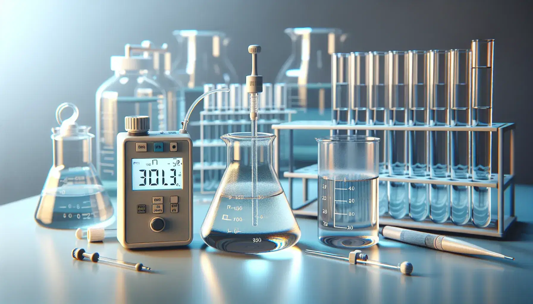 Laboratory with beaker and colorless liquid, immersed pH meter indicating neutral pH, pipette, Erlenmeyer flasks and test tubes on clear bench.