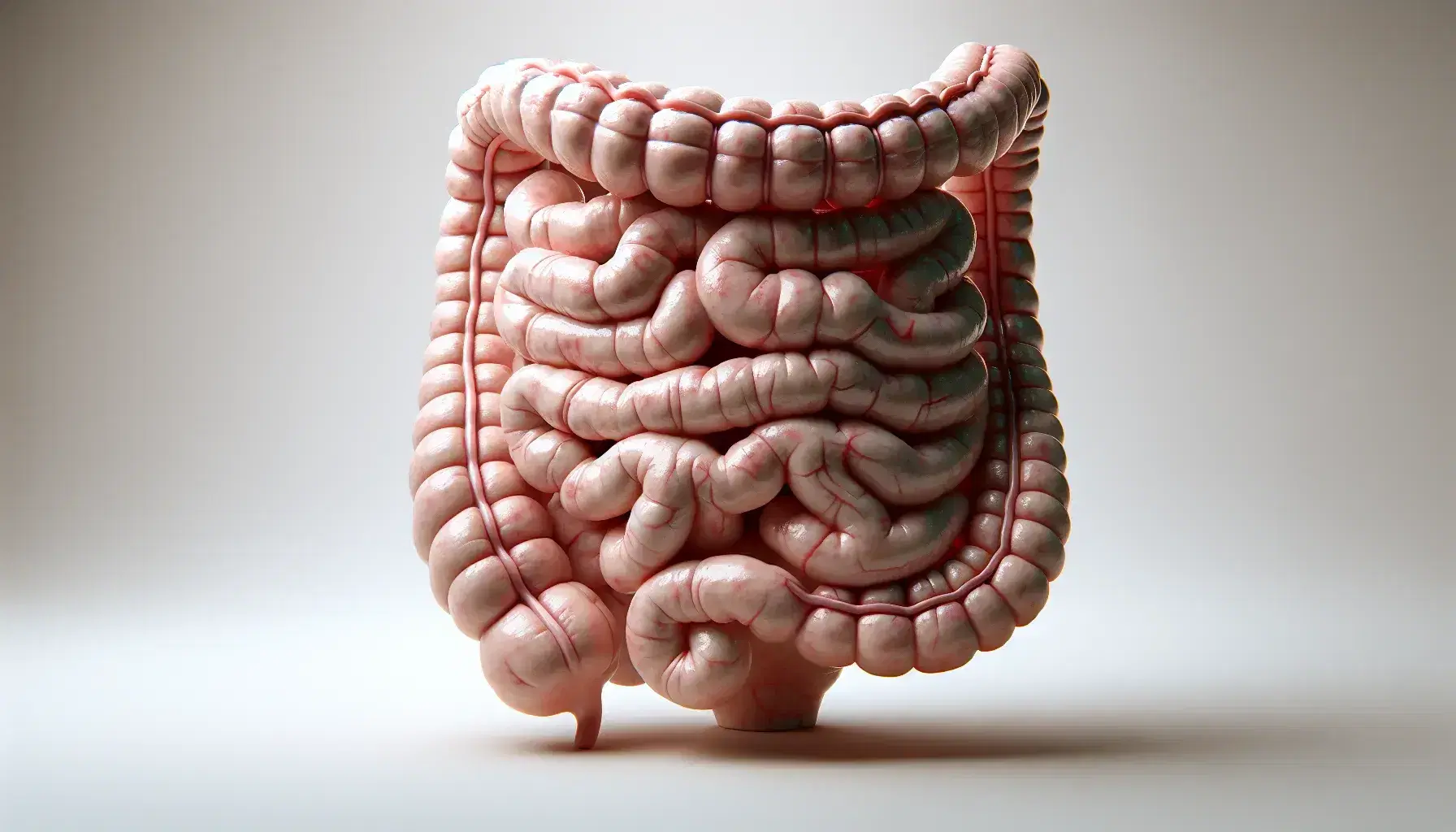 Modelo anatómico detallado del intestino grueso humano mostrando ciego, colon ascendente, transverso, descendente y recto en fondo neutro.