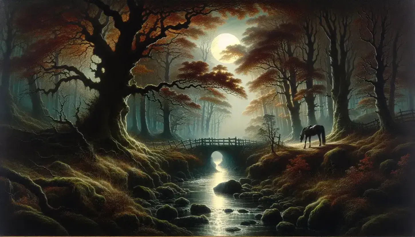 Moonlit autumn glen with a reflective stream, moss-covered wooden bridge, riderless chestnut horse, and a shadowy Dutch cottage amid fall foliage.