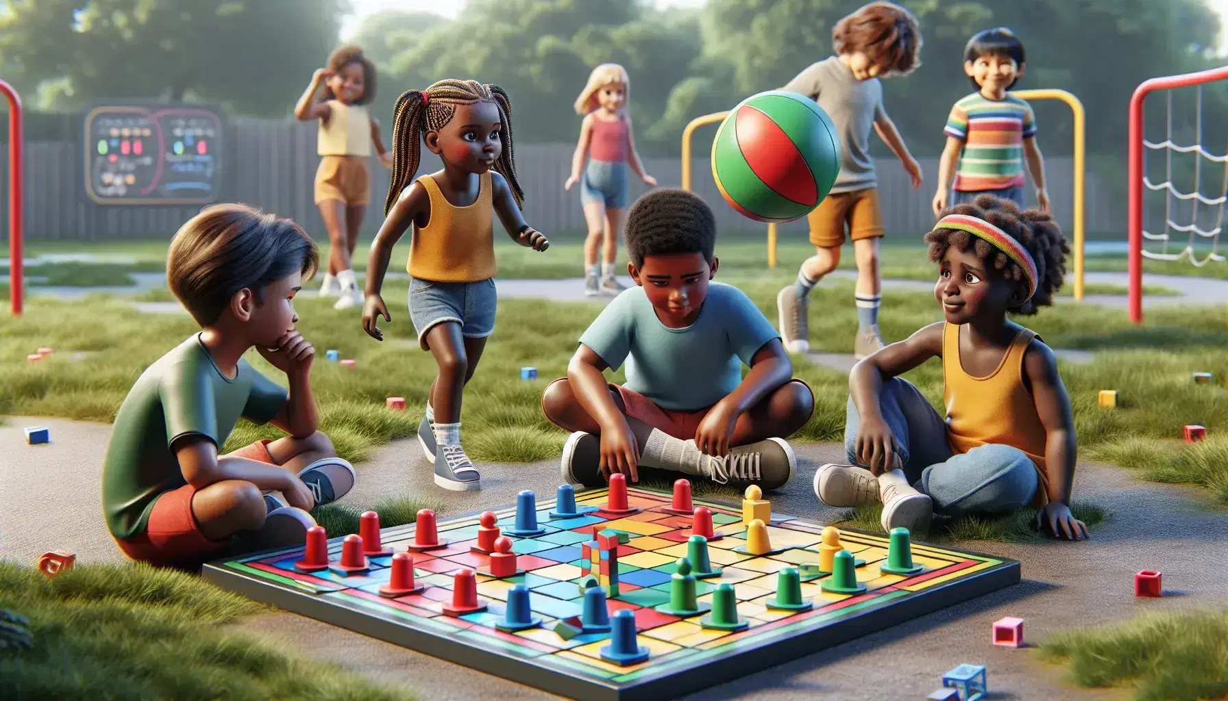 Niños multiculturales jugando en parque, uno con juego de mesa abstracto, otros lanzando pelota y construyendo con bloques de colores en día soleado.