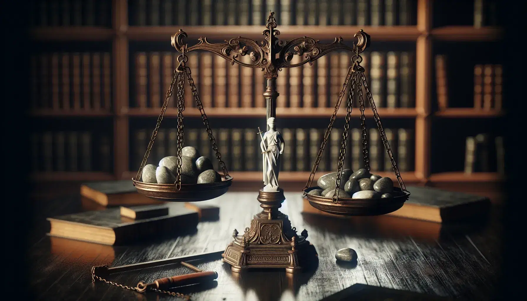 Bilancia antica in equilibrio su tavolo scuro con scultura marmorea di Giustizia e pietre levigate sui piatti, sfondo sfocato di libreria.