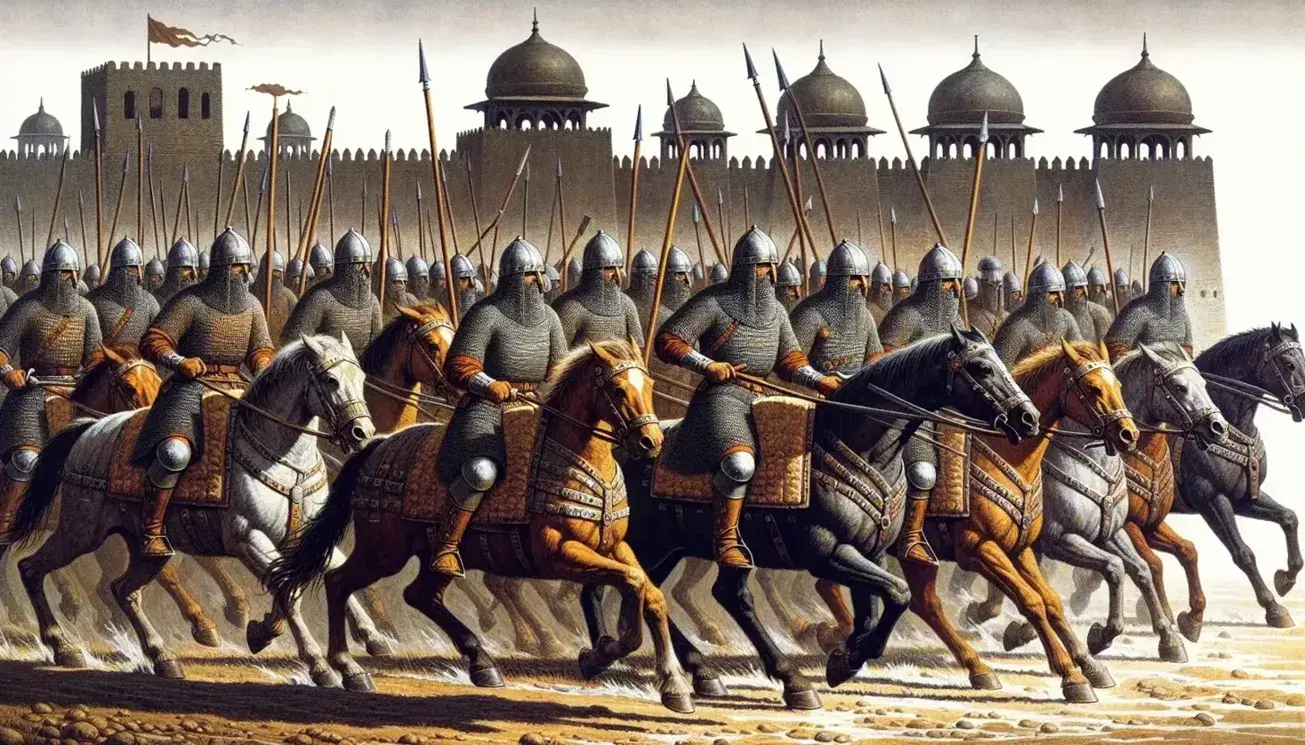 Medieval battlefield scene with armored cavalry charging and infantry with spears and round shields, against a backdrop of a walled city.
