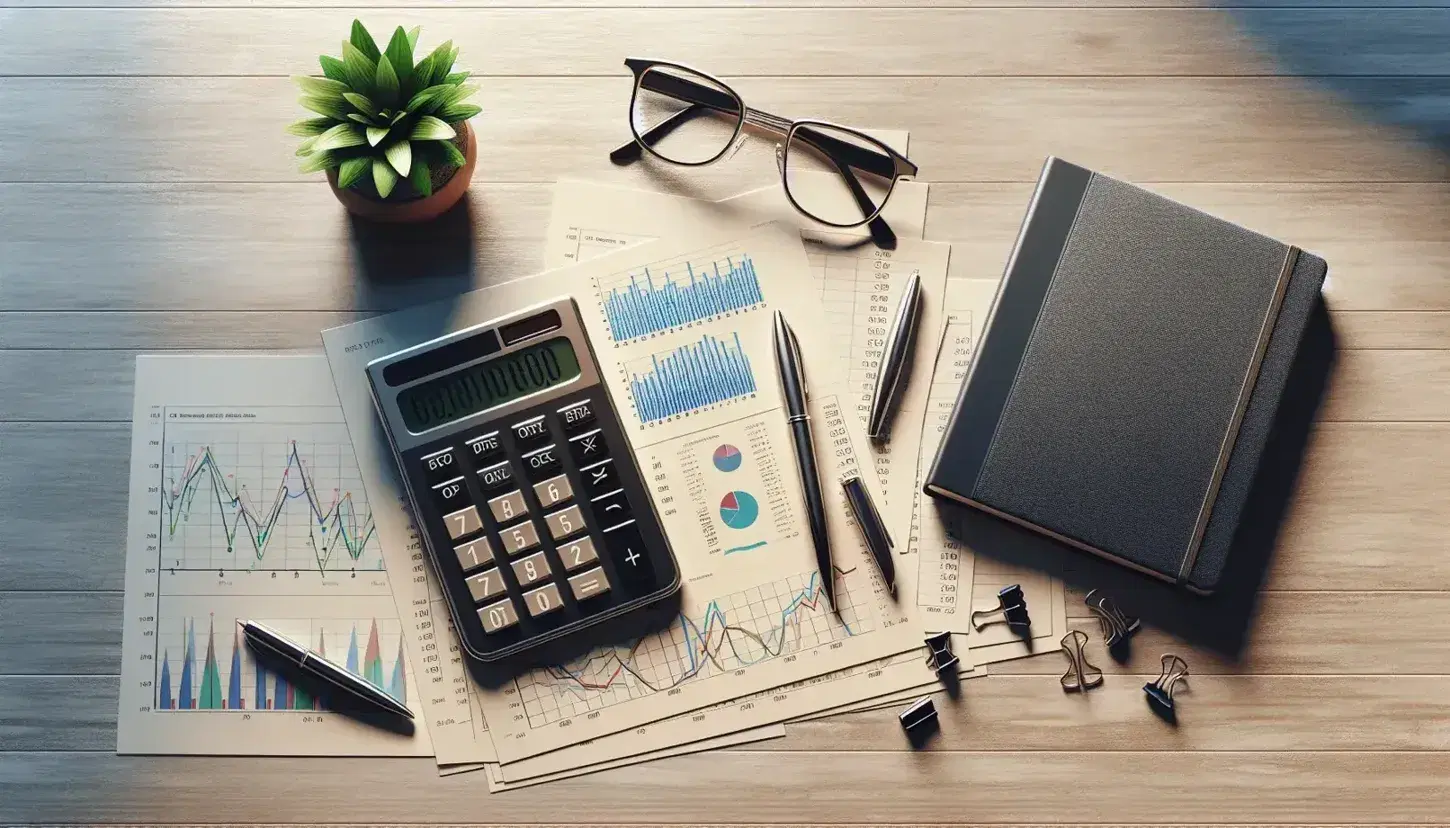 Escritorio de oficina con calculadora apagada, gráficos de barras y líneas, gafas metálicas, bolígrafo negro y cuaderno azul abierto, junto a planta verde en maceta.