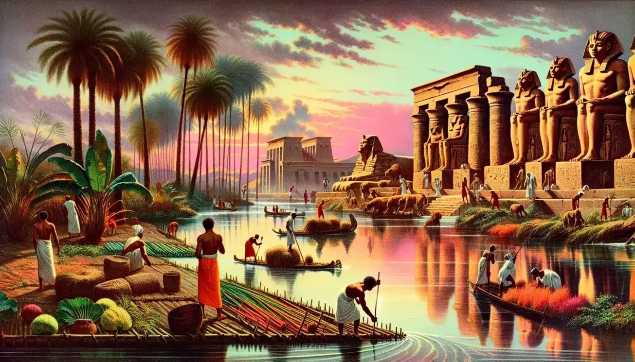 Tramonto sul Nilo in Egitto con riflessi arancioni e rosa, contadini al lavoro, sfingi e tempio antico, papiro in primo piano.