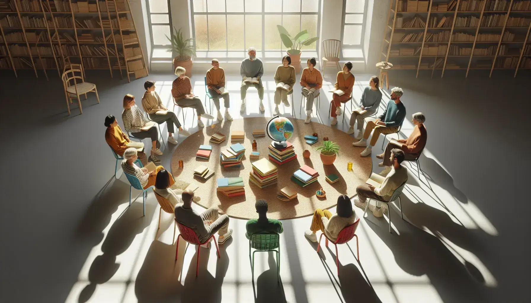 Gruppo multietà seduto in cerchio su sedie colorate in ambiente luminoso con libri, mappamondo, pianta e puzzle su tappeto.