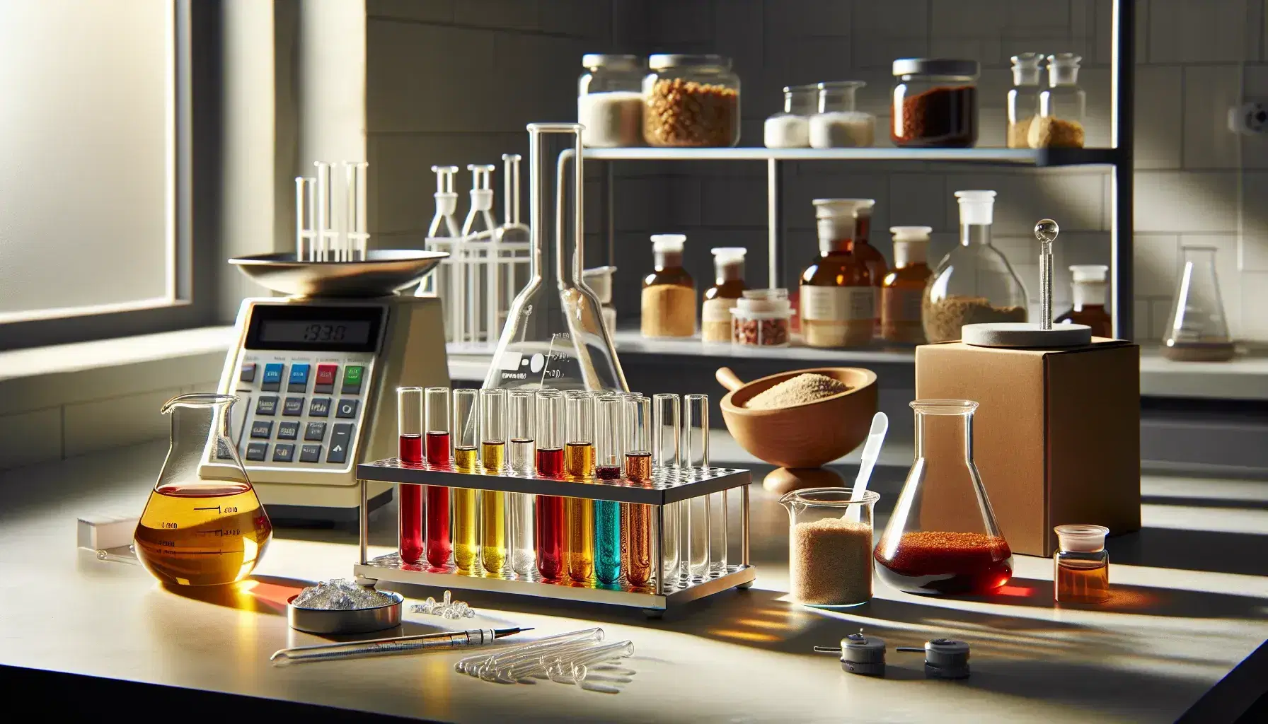 Laboratorio de química de alimentos con tubos de ensayo de colores, balanza digital, frascos con sólidos y material de vidrio.