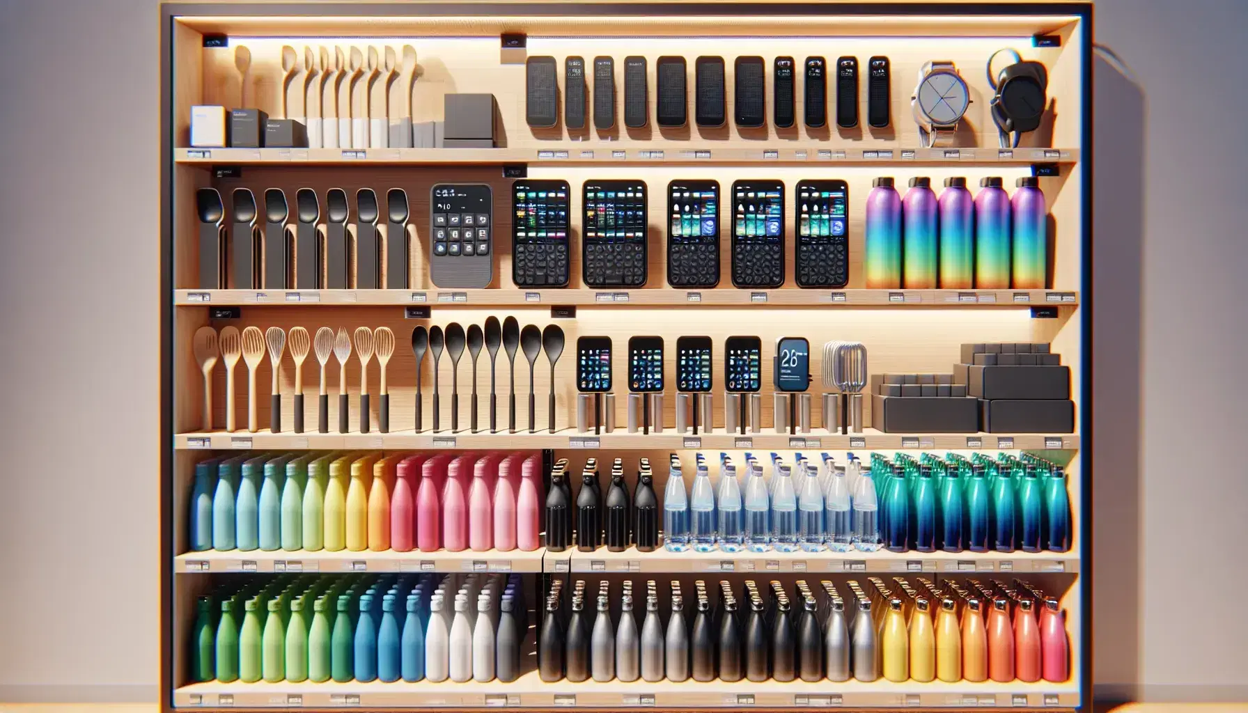 Organized retail shelf with electronic devices, gradient-colored water bottles, wooden kitchen utensils, and skincare products on light wood, soft lighting.