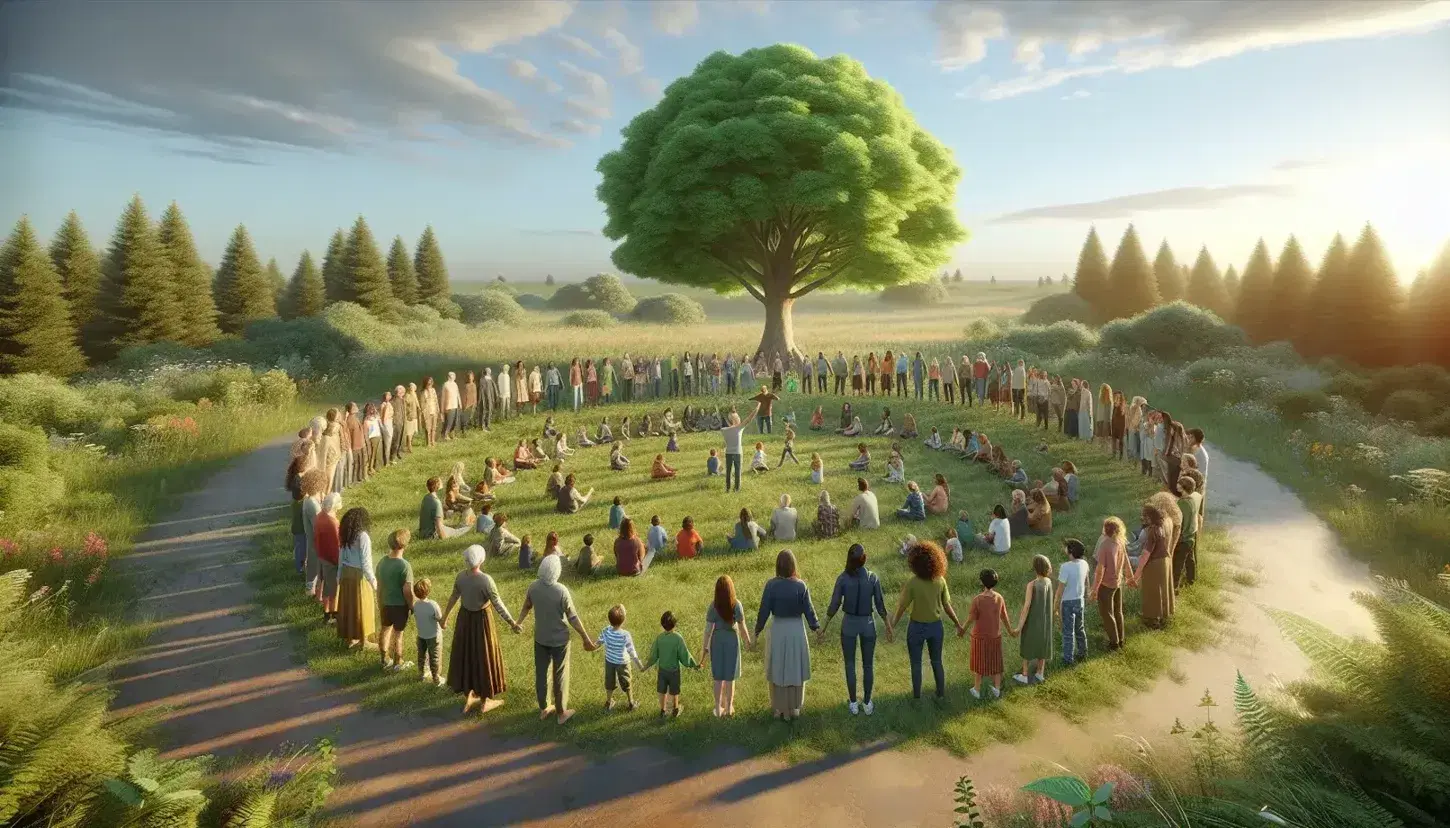 Grupo diverso de personas y niños en círculo alrededor de un árbol en un parque, escuchando a un adulto, con cielo azul y nubes dispersas.