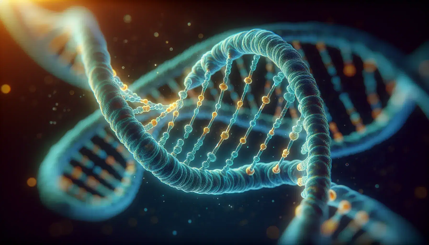 Estructura tridimensional detallada de una doble hélice de ADN en tonos azules y verdes con pares de bases en amarillo y naranja, resaltada sobre fondo oscuro.