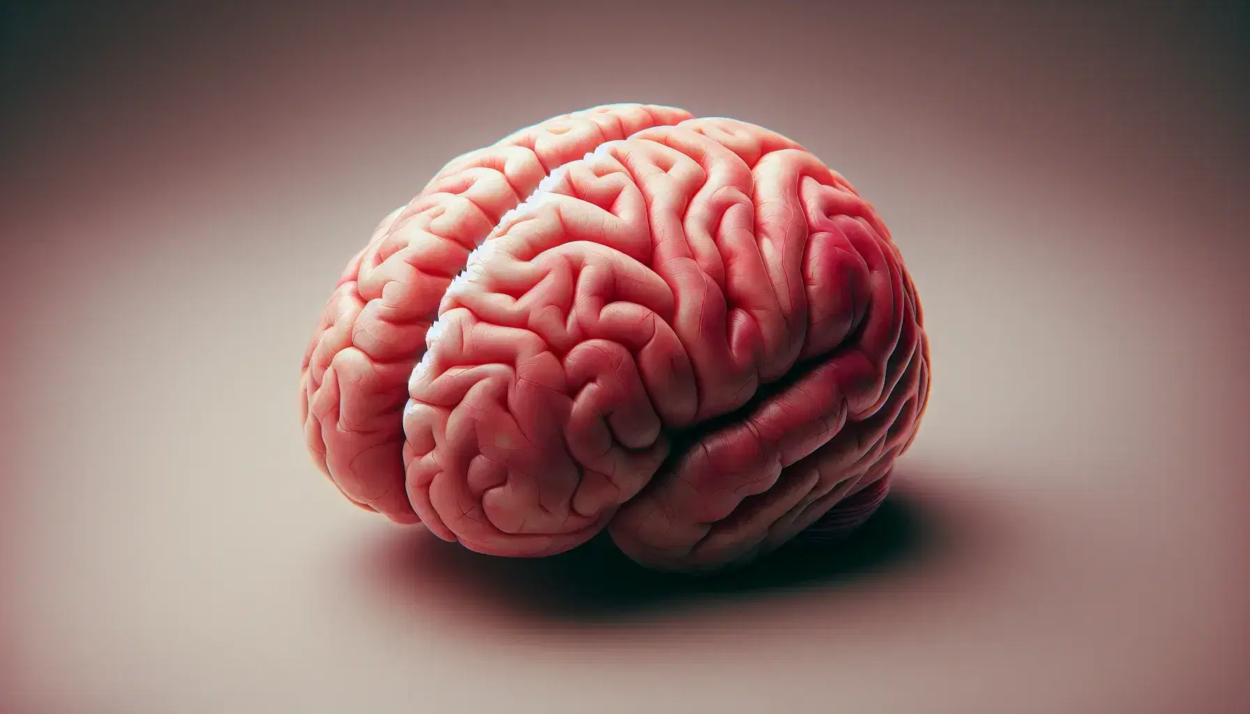 Cerebro humano detallado en tonos rosas y rojos, mostrando hemisferios y surcos sobre fondo neutro.