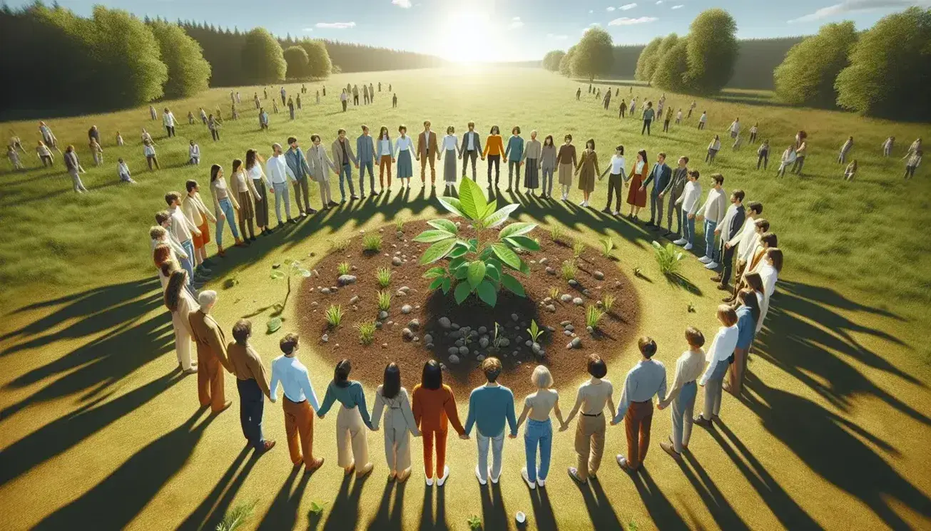 Grupo diverso de personas unidas en círculo alrededor de una planta joven en un campo verde bajo cielo azul claro, expresando cuidado y atención.