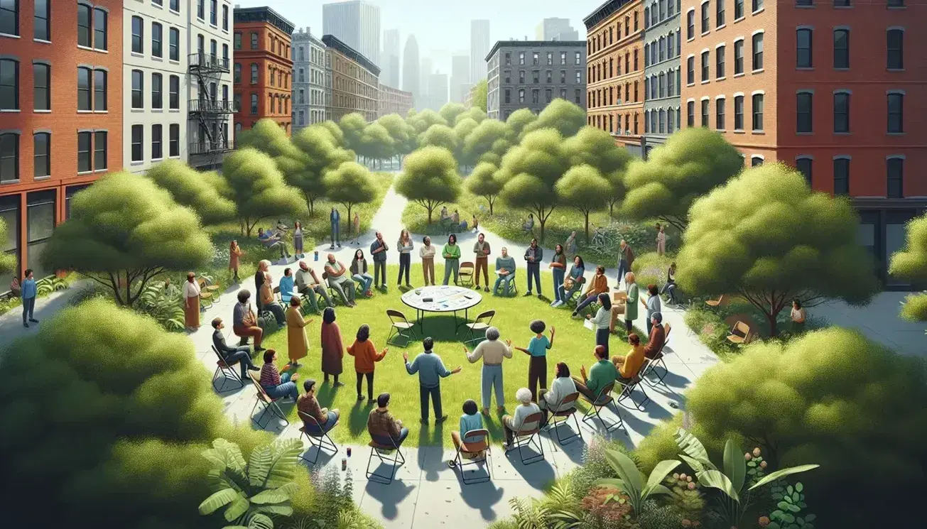 Grupo diverso de personas reunidas en círculo al aire libre en un parque urbano, discutiendo documentos sobre una mesa redonda, rodeados de árboles y edificios.