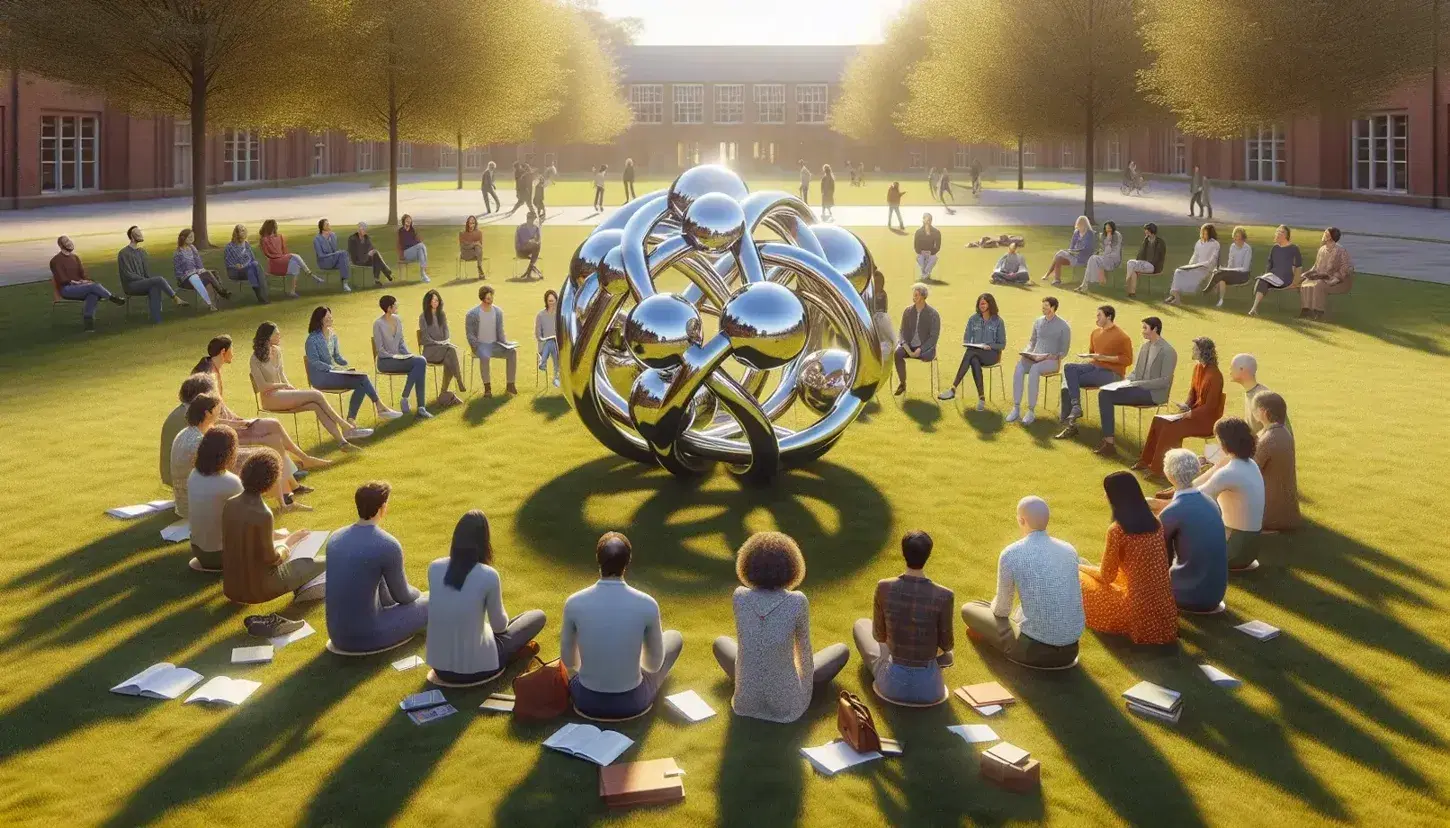 Grupo de personas de diversas edades sentadas en círculo alrededor de una escultura metálica abstracta en un parque, con libros y tomando notas en un día soleado.