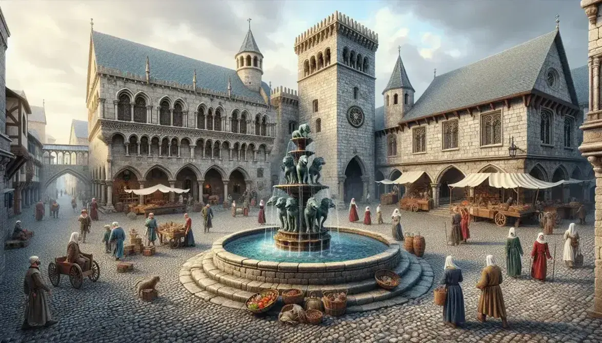 Piazza medievale europea con fontana ottagonale, mercato all'aperto, municipio romanico e figure in abiti d'epoca.