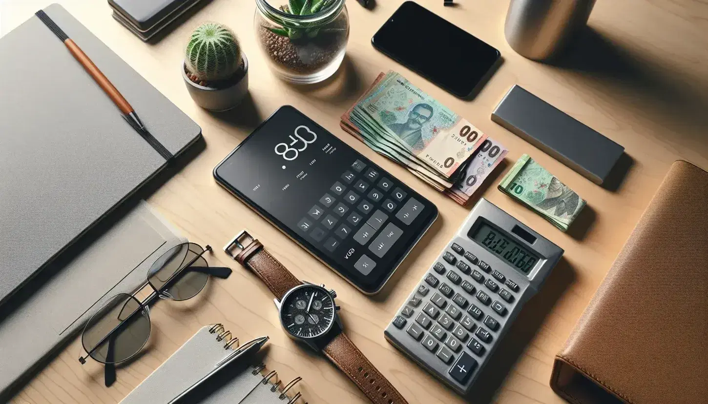 Mesa de oficina de madera clara con calculadora apagada, billetes colombianos, reloj de pulsera, planta en frasco de vidrio, celular moderno y gafas con montura negra.