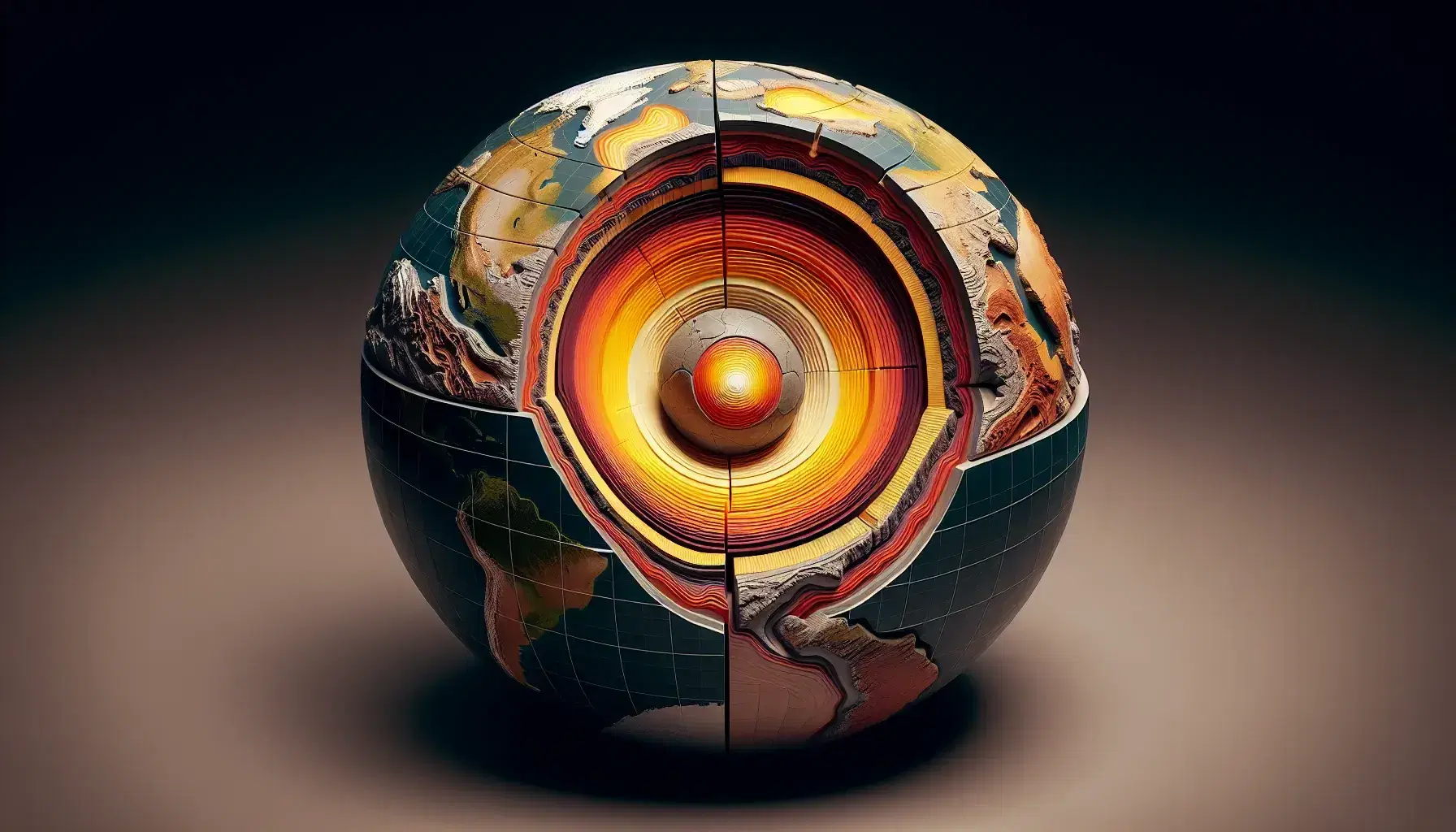Sección transversal esférica de la Tierra mostrando núcleo interno amarillo-anaranjado, núcleo externo rojo oscuro, manto rojizo y corteza gris con placas tectónicas.