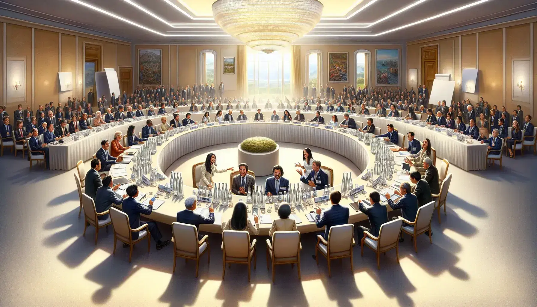 Delegati internazionali discutono attivamente intorno a un tavolo rotondo in una sala conferenze illuminata e spaziosa.