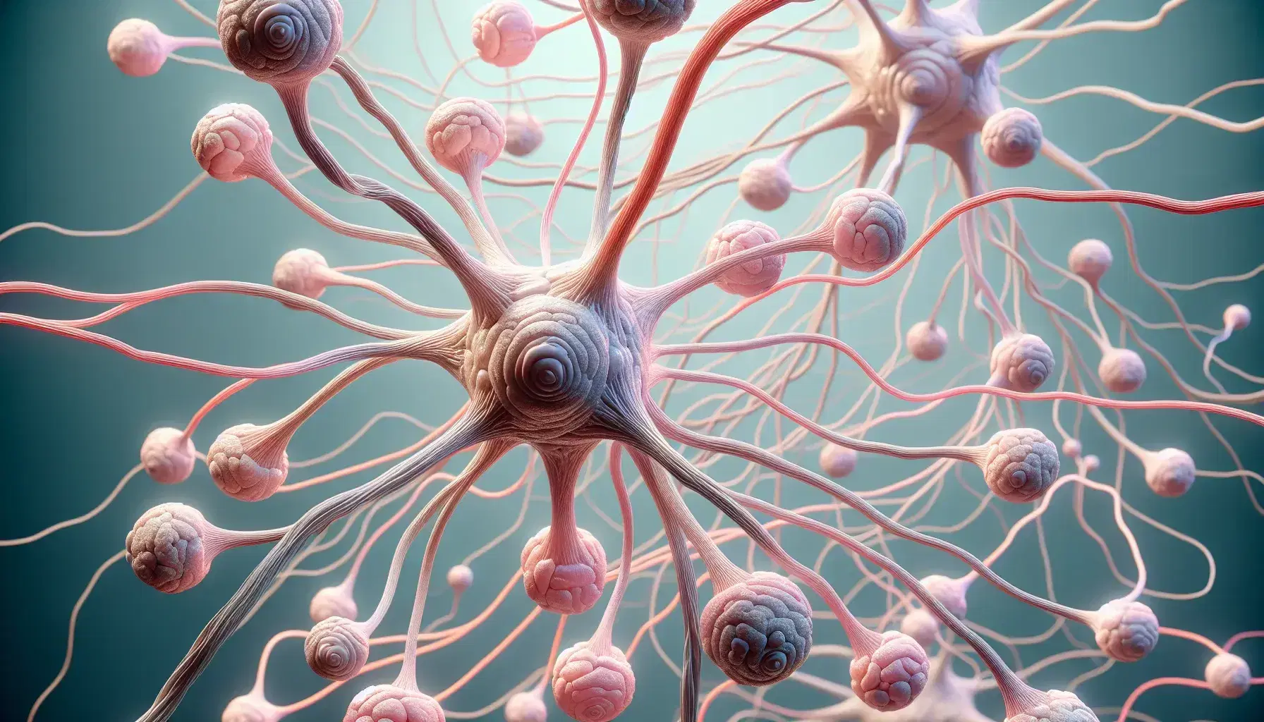 Network of interconnected neurons with light pink cell bodies, dendrites, axon and white myelin sheaths on a blue-green background.