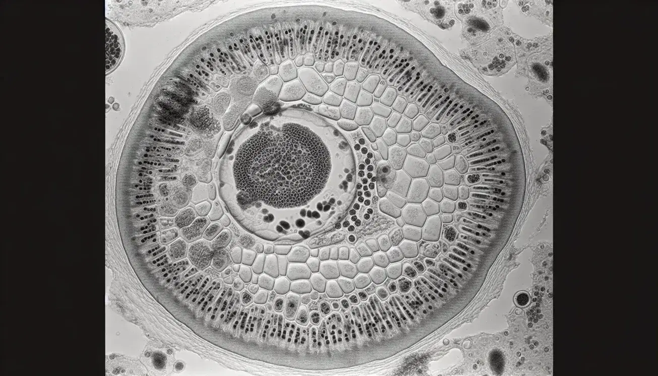 Micrografia elettronica di trasmissione che mostra sezione trasversale di cellula vegetale con vacuolo, nucleo, cloroplasti e parete cellulare.