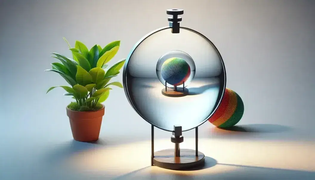 Clear glass biconvex lens on stand with inverted image of potted plant and colorful ball behind it, illustrating light refraction on a white background.