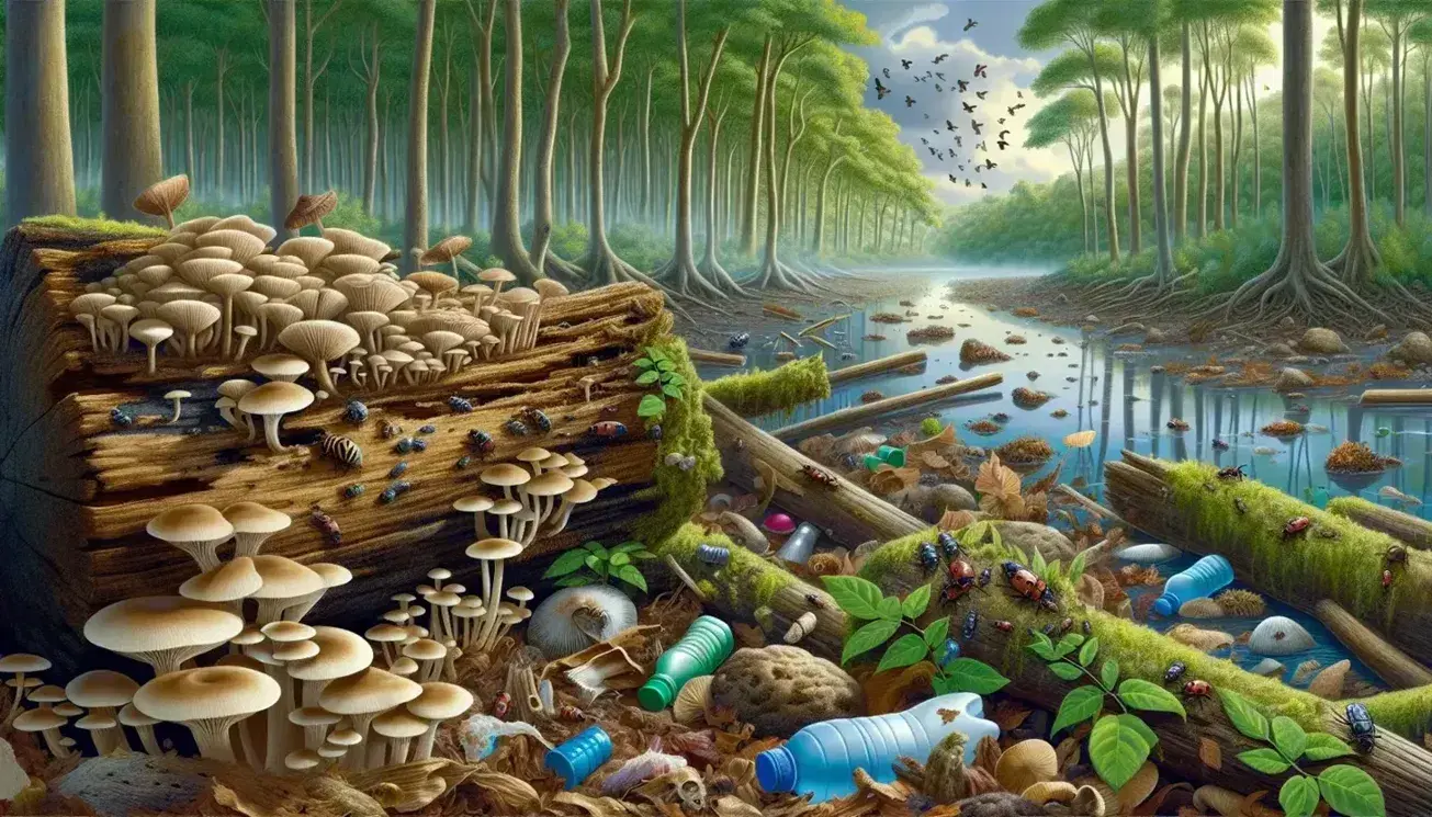 Bosque con árboles verdes, tronco caído con hongos, hojas marrones, insectos trabajando, río con botellas plásticas y aves volando bajo un cielo azul.