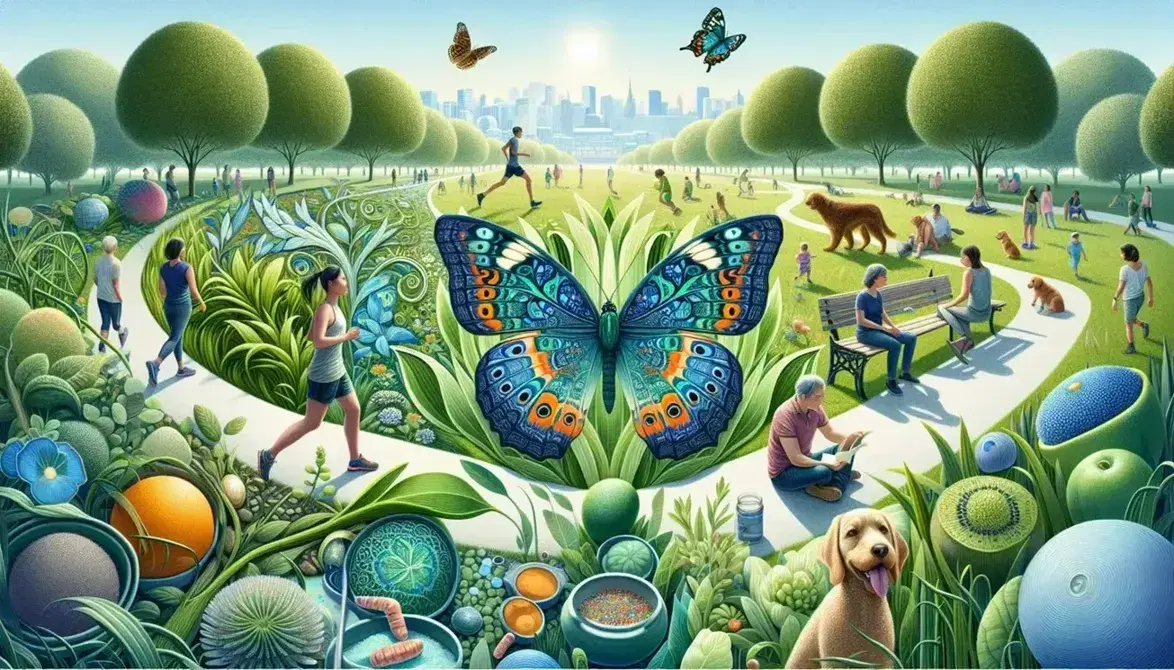 Peaceful park with green plants, colorful butterfly on leaf, people reading, running and playing, city skyline in the background.