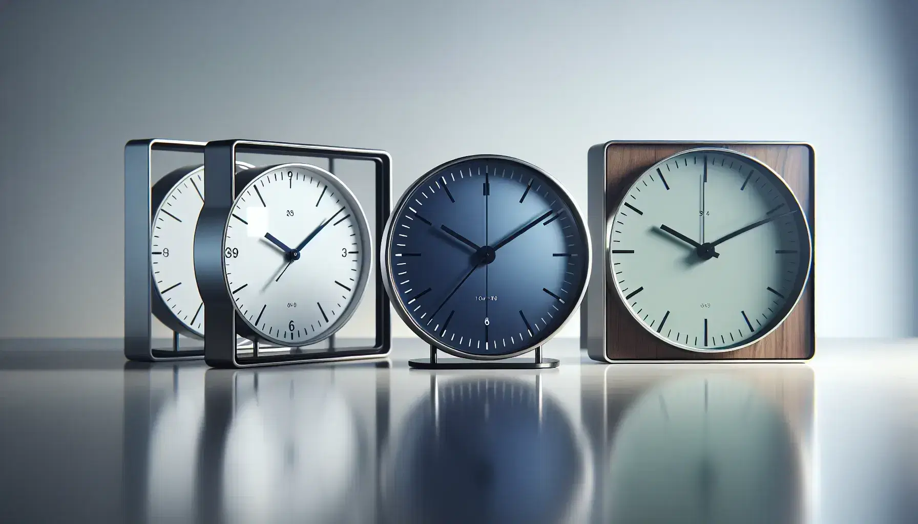 Orologi analogici allineati con quadranti bianco, blu e verde, cornici metallica, argento e legno, indicano la stessa ora.