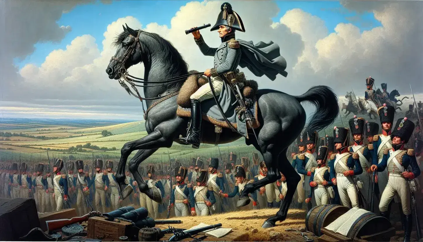 Scena storica napoleonica all'aperto con Napoleone a cavallo, soldati in formazione e oggetti militari in primo piano su sfondo di colline europee.