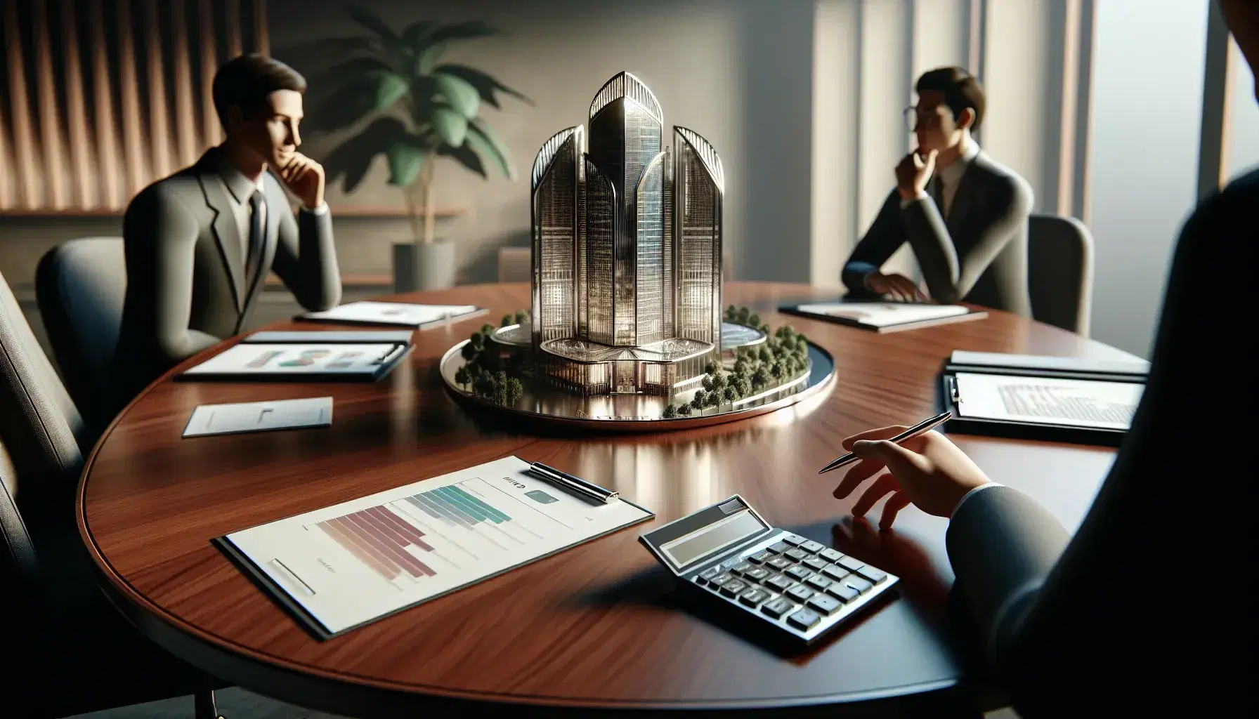 Three professionals in a meeting around a mahogany table with a model building, calculator, and papers with charts, in a plant-adorned office.