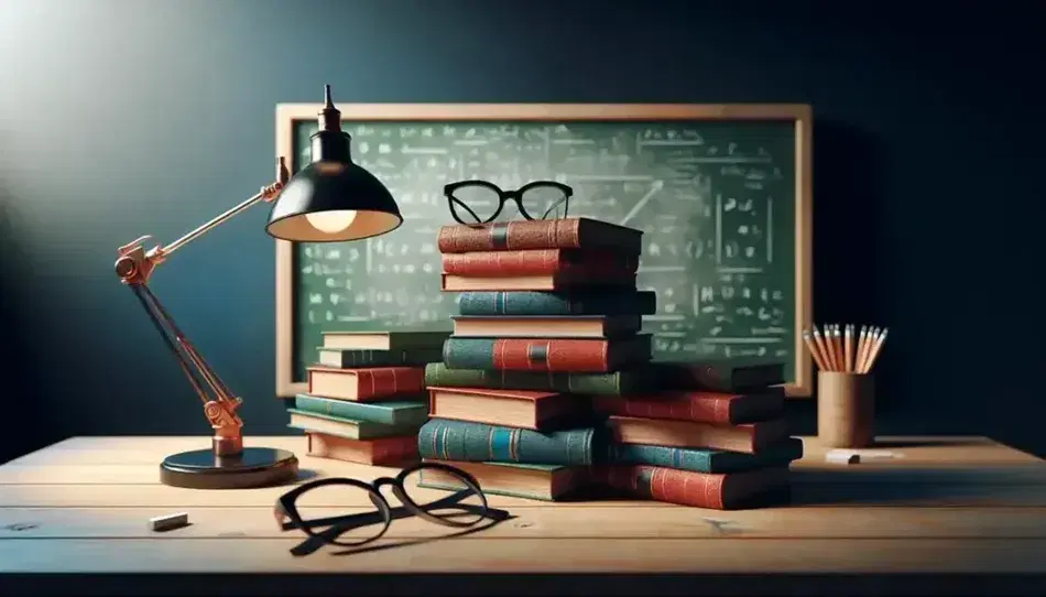 Pila de libros de colores variados sobre mesa de madera junto a lámpara encendida y gafas negras, con pizarra borrosa al fondo.