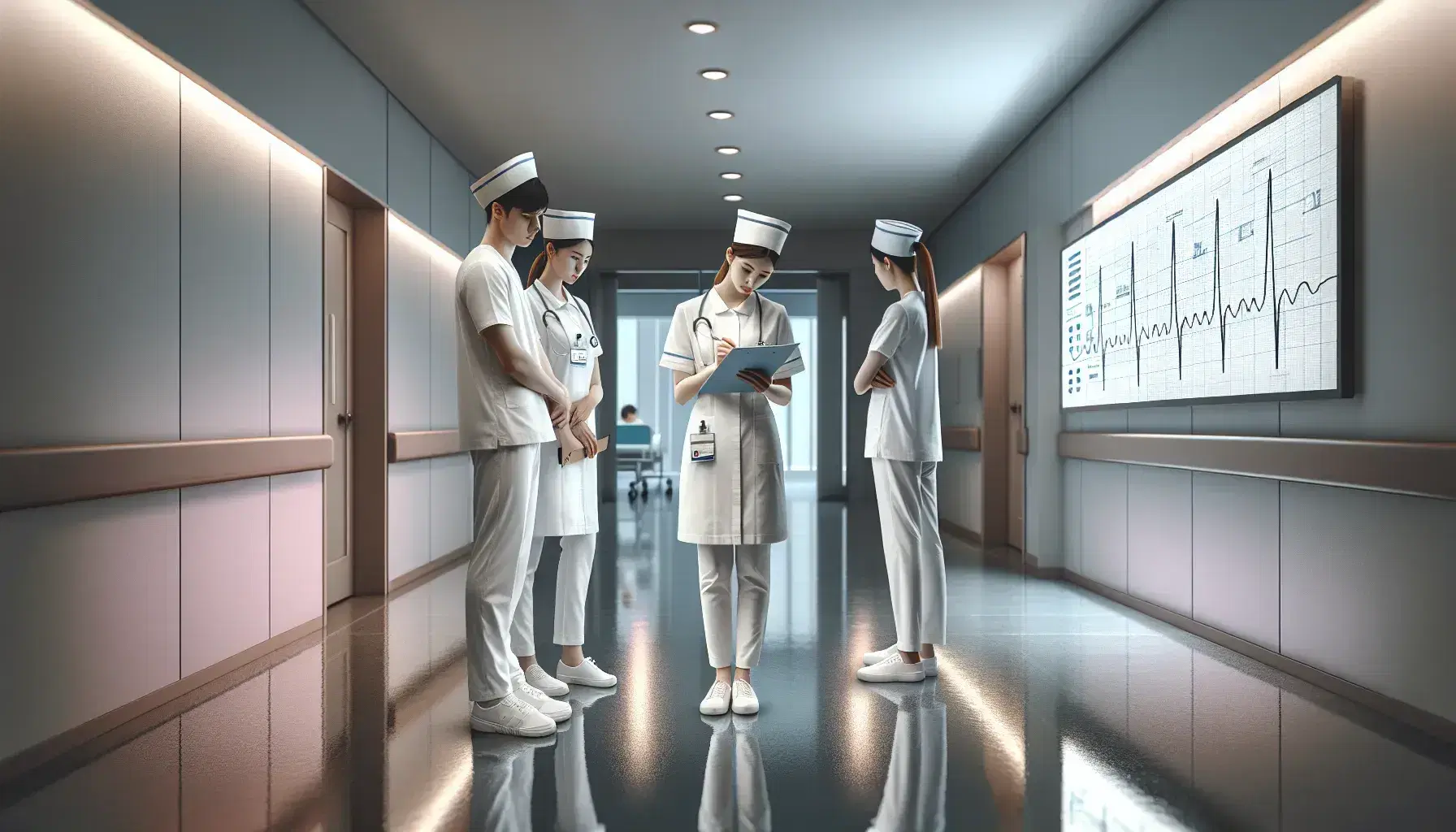 Tres enfermeros en uniforme blanco conversan en un pasillo hospitalario iluminado, uno con un portapapeles y otro con un estetoscopio, junto a una pantalla digital.