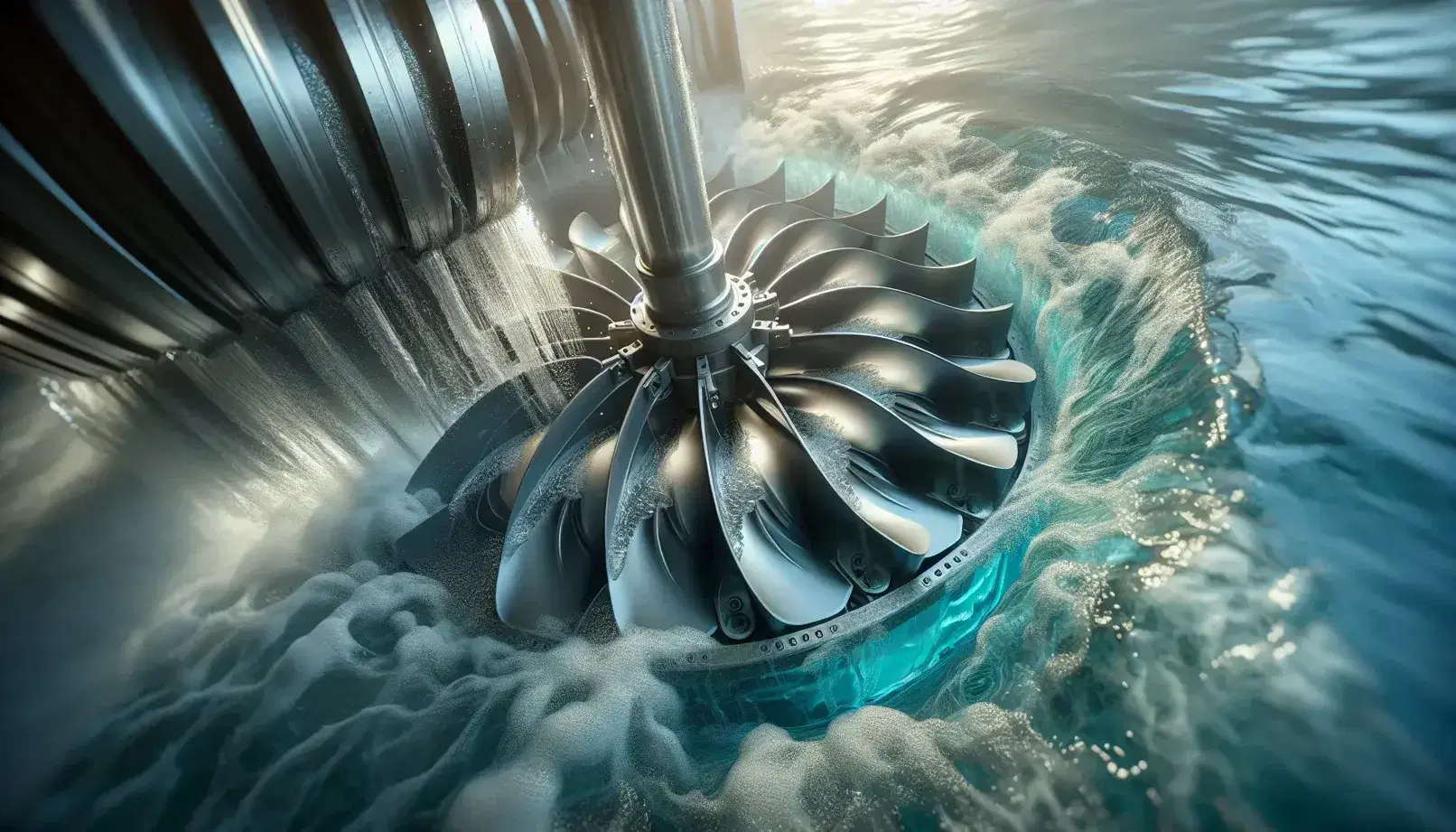 Turbina hidráulica gris metálica con aspas curvadas en agua clara y en movimiento, reflejando luz y con burbujas adheridas.