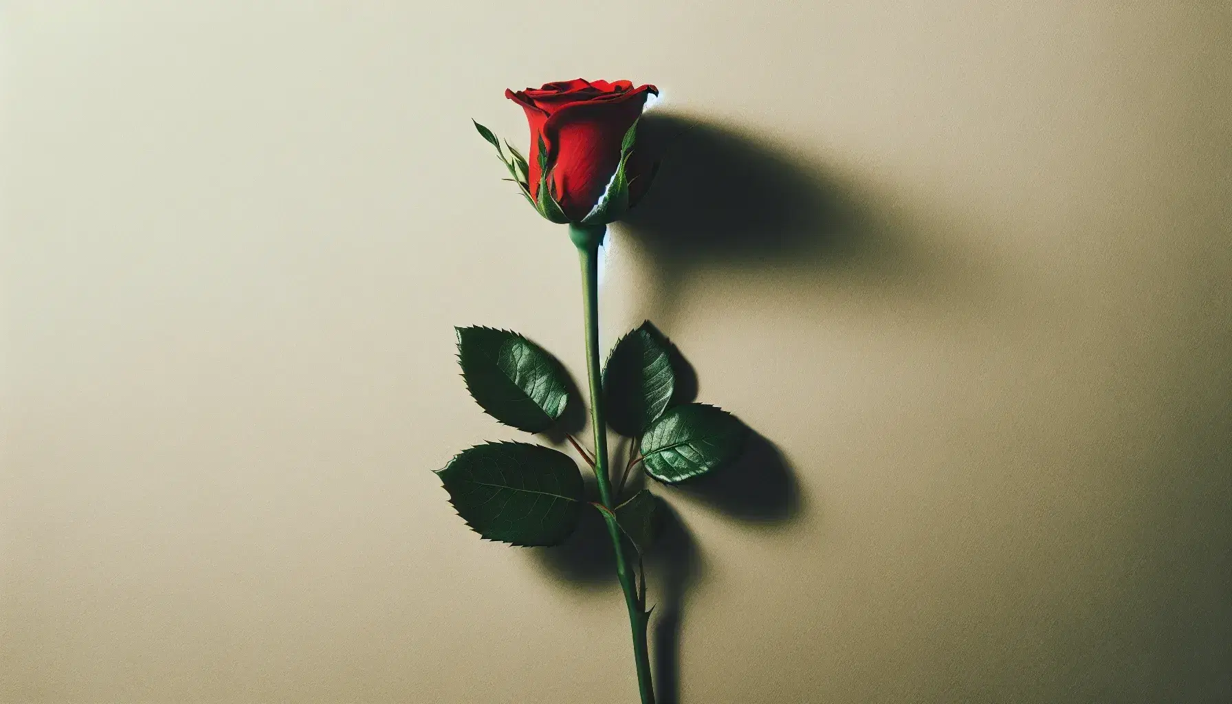 Red rosebud with velvety petals and green thorny stem lying diagonally on a light background, highlighting its vibrant colors and texture.