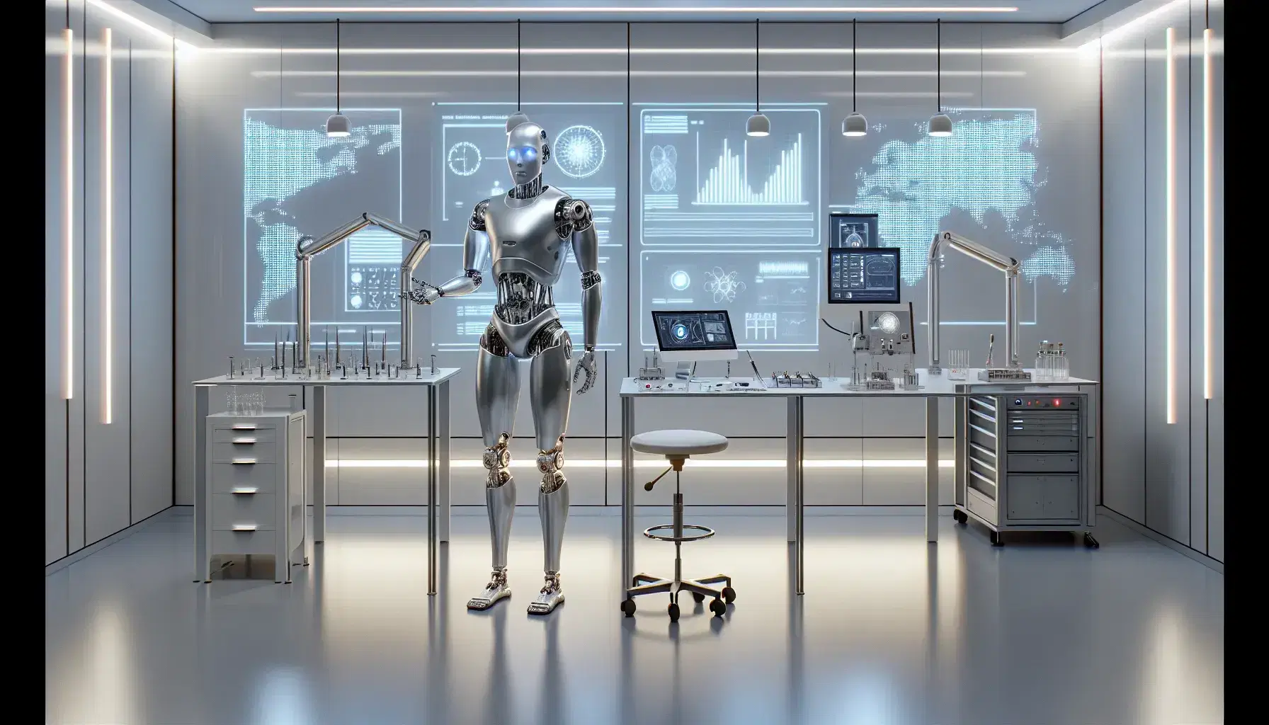 Robot umanoide argenteo lavora in laboratorio tecnologico moderno con strumenti di precisione e computer con grafici.