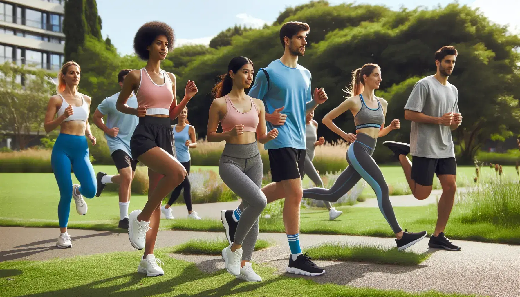 Grupo diverso realizando actividades físicas al aire libre en un parque, con personas corriendo, estirando y jugando con un balón en un día soleado.