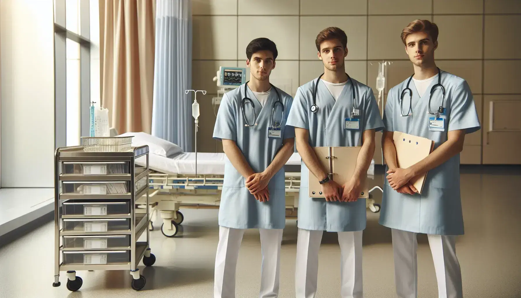 Grupo de tres enfermeros con uniformes azules y estetoscopios en un hospital, de pie junto a un carro de instrumental médico y una cama hospitalaria.