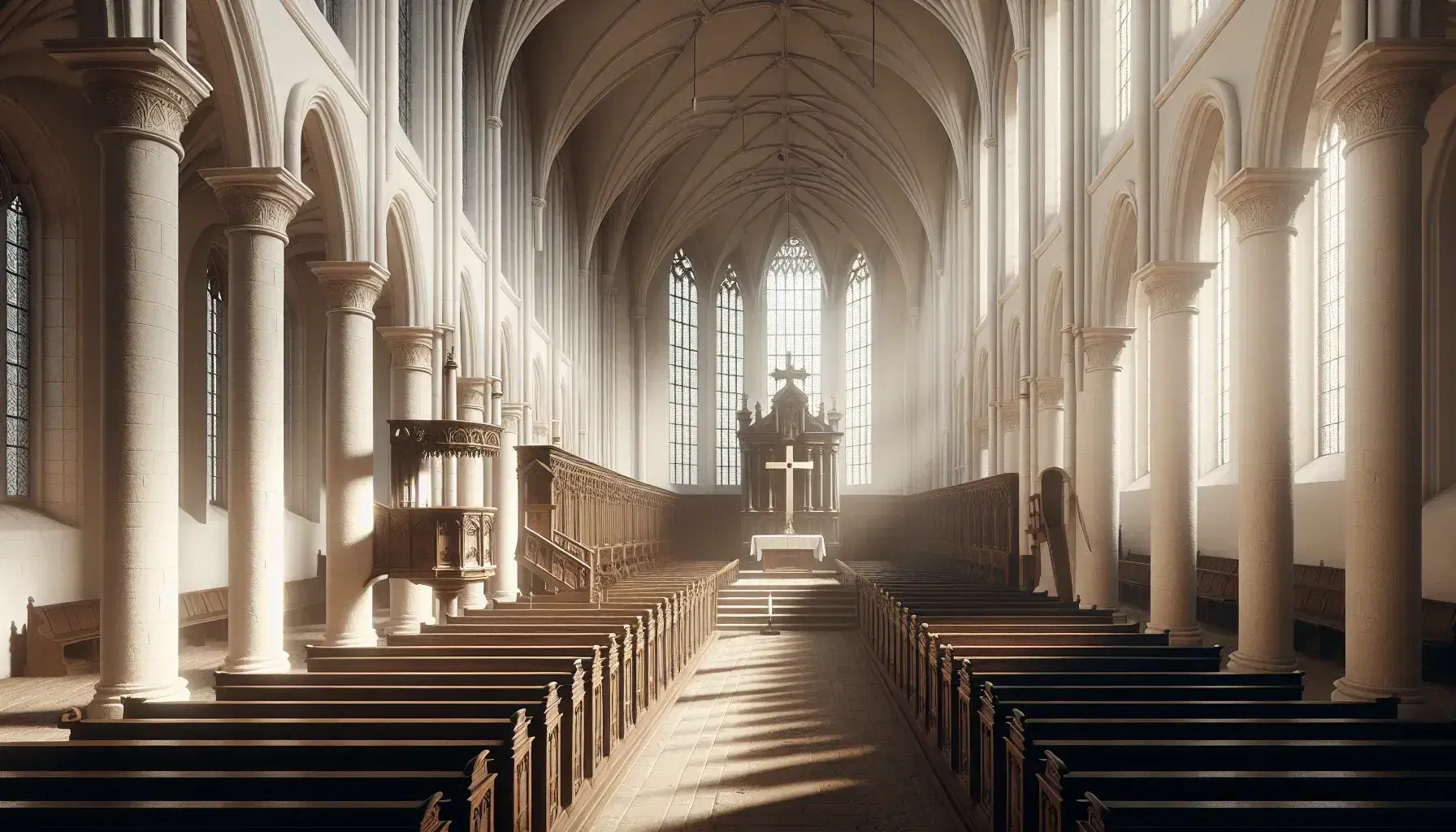 Serene 16th-century European church interior with tall white columns, vaulted ceiling, sunlight through arched windows, and simple wooden pulpit.