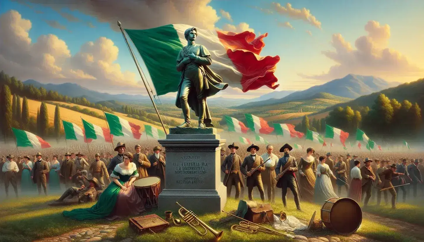 Statua bronzea di giovane uomo del Risorgimento su piedistallo, circondata da persone con bandiere tricolori italiane e strumenti musicali d'epoca.