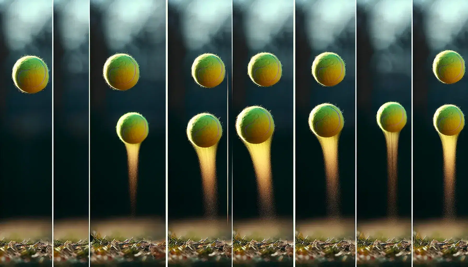 Secuencia de alta velocidad de una pelota de tenis amarilla lanzada verticalmente y cayendo al suelo en un parque, mostrando su trayectoria y textura iluminada por el sol.