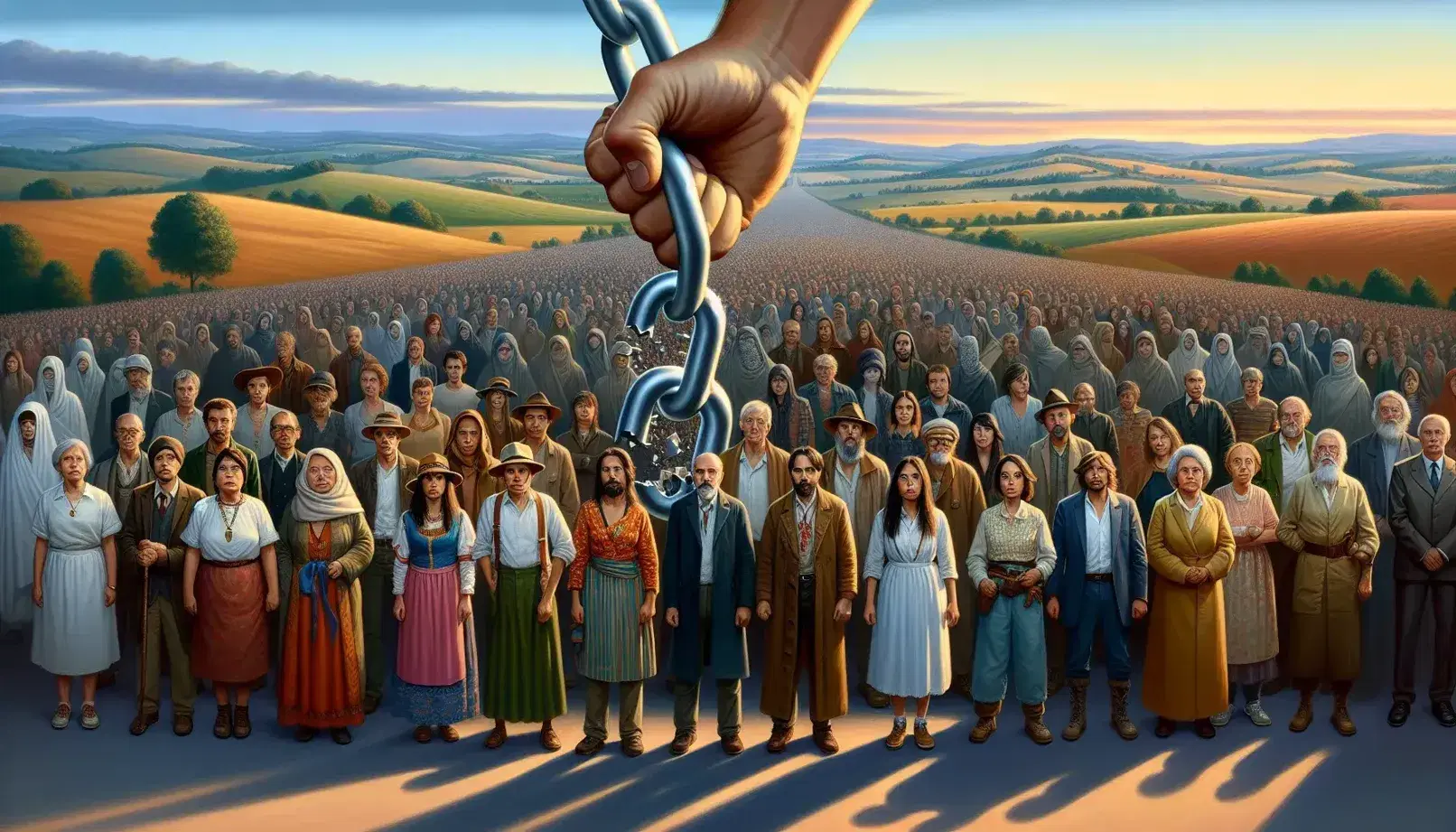 Diverse group standing united in a natural landscape, with a raised hand breaking free from a metallic chain, under a sunset sky.