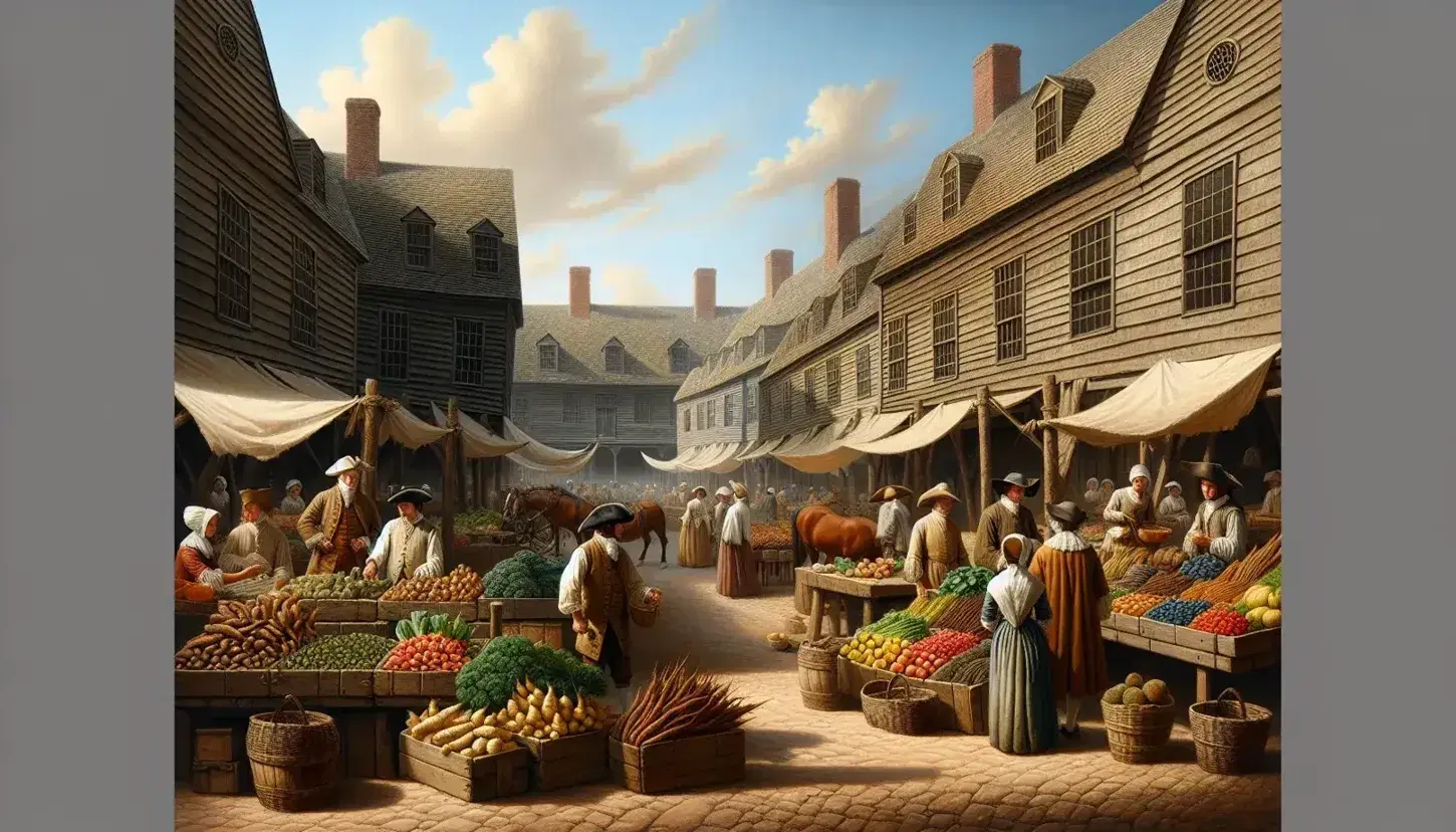 Scena di mercato all'aperto nel XVIII secolo nelle colonie britanniche con banchi di legno, cittadini in abiti d'epoca e giochi infantili.