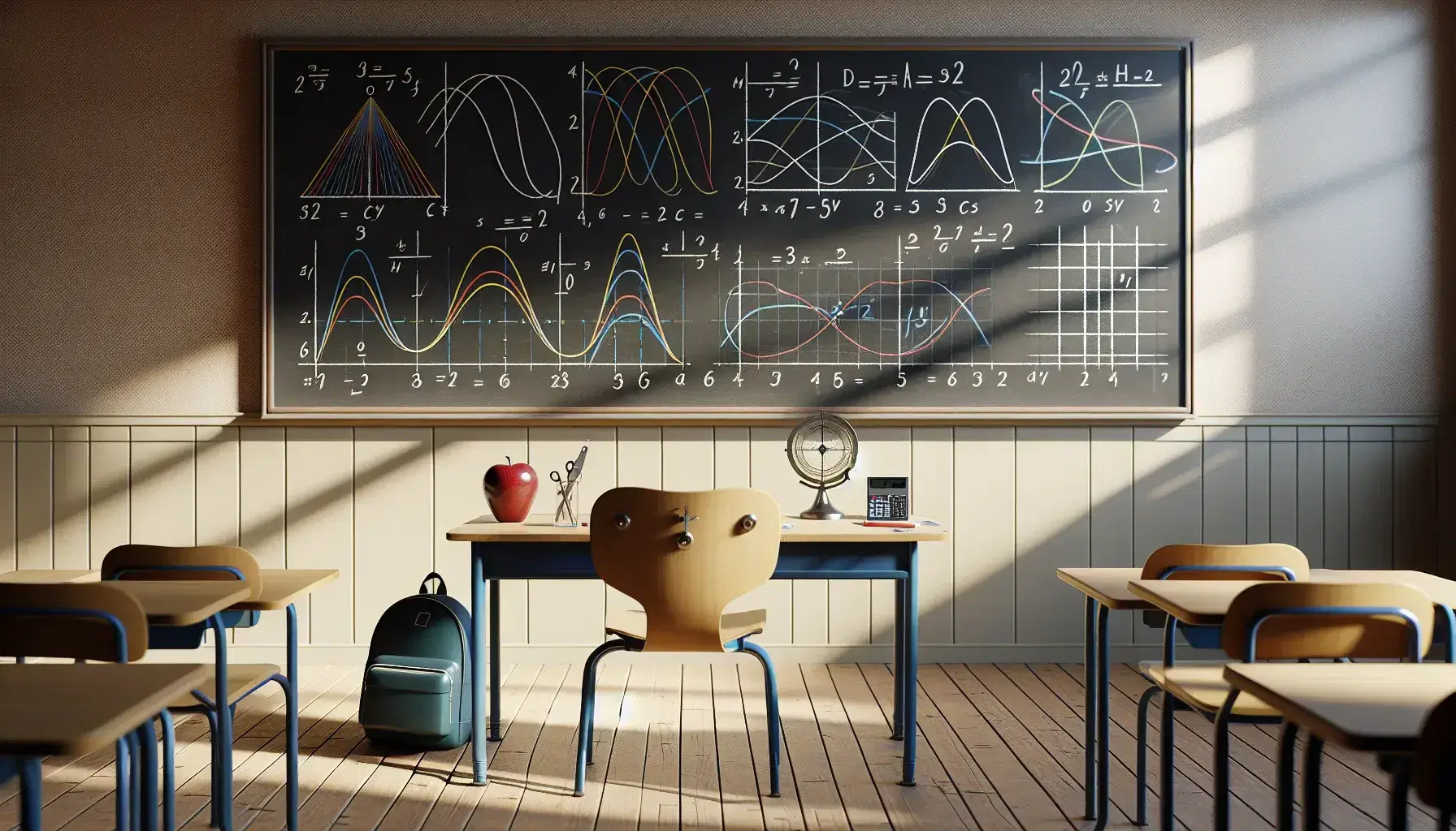 Aula scolastica con lavagna piena di grafici matematici, banco con mela rossa e compasso, sedia con zaino verde e pianta in vaso.