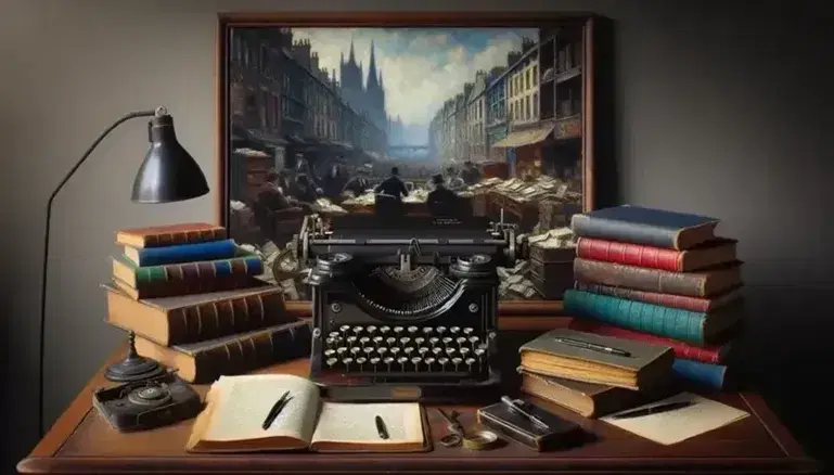 Scrivania in legno con macchina da scrivere antica, libro aperto, pila di libri colorati, quadro impressionista e penna stilografica su taccuino.