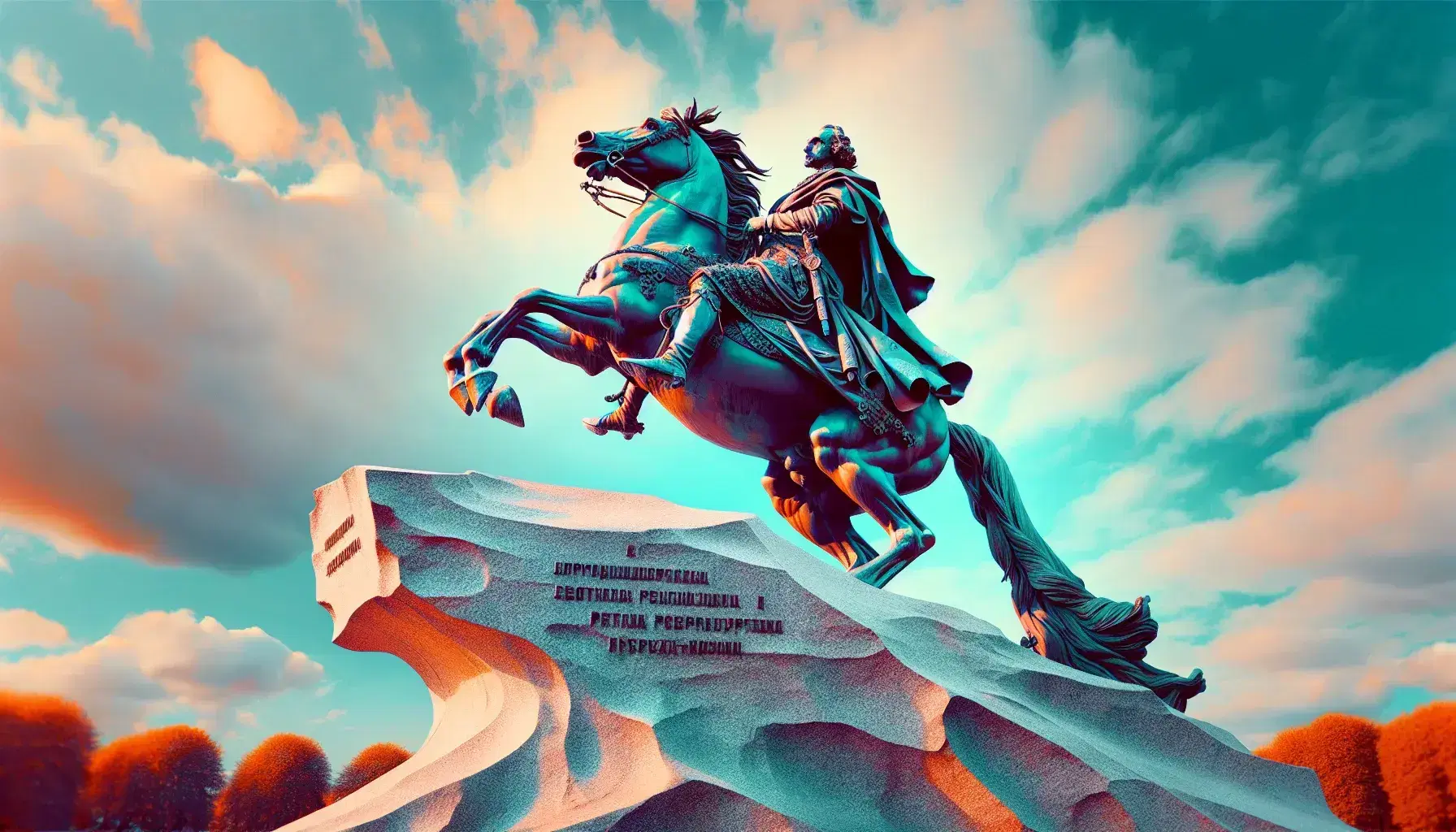 Statua equestre di Pietro il Grande, Il Cavaliere di Bronzo, a San Pietroburgo, con cielo azzurro e basamento in granito.
